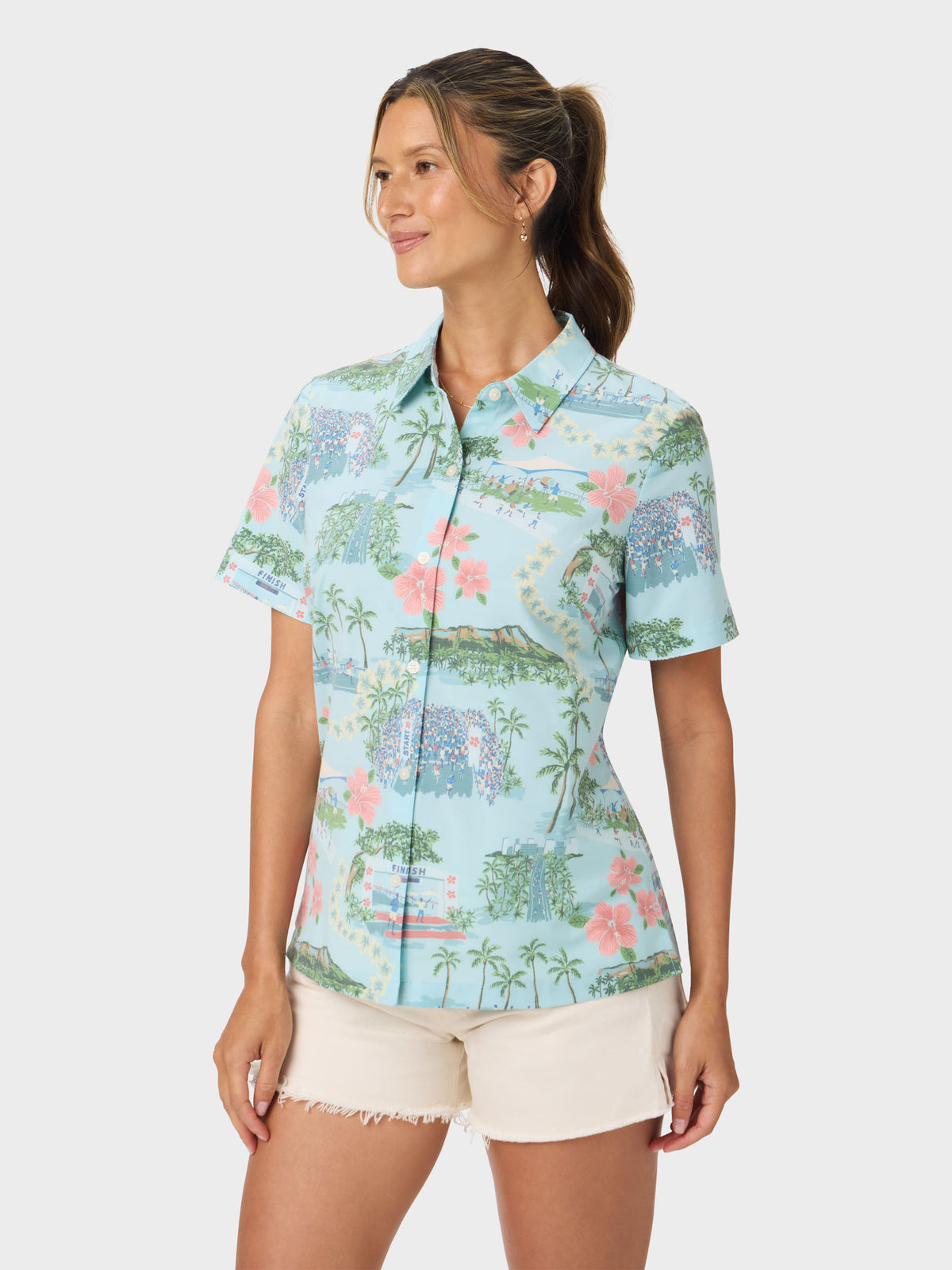 Reyn Spooner HONOLULU MARATHON WOMEN'S PERFORMANCE ALOHA SHIRT in AQUA