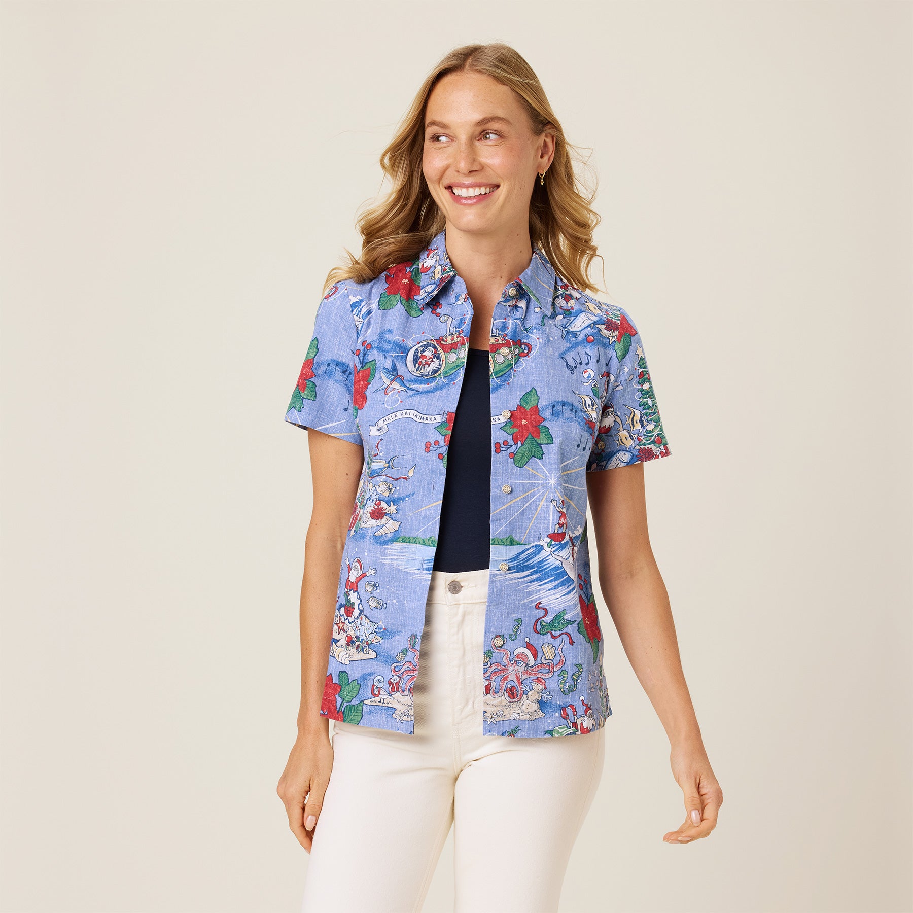Reyn Spooner HAWAIIAN CHRISTMAS 2024 ABBY TOP in BLUE