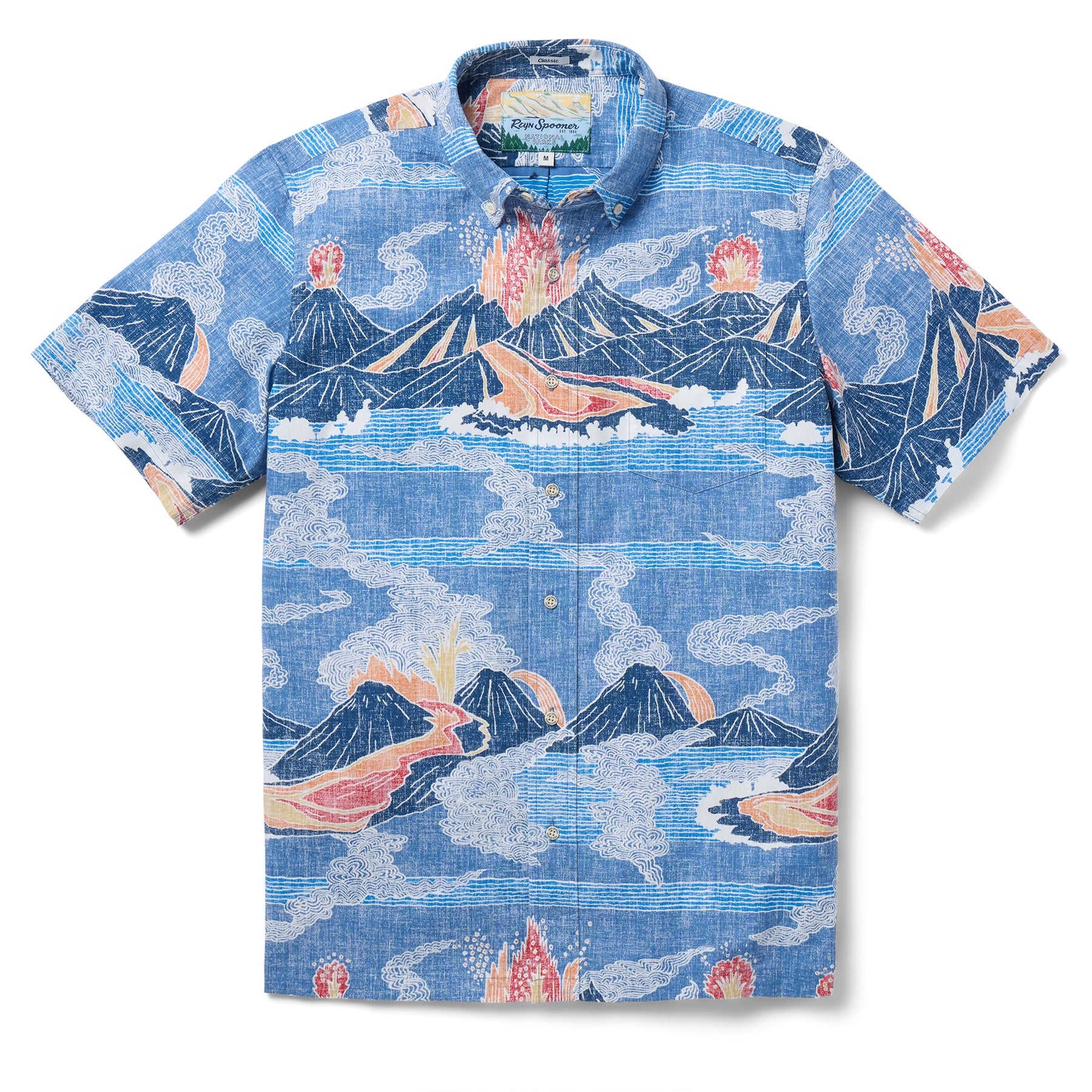 Reyn Spooner VOLCANOES NATIONAL PARK BUTTON FRONT in BLUE HORIZON