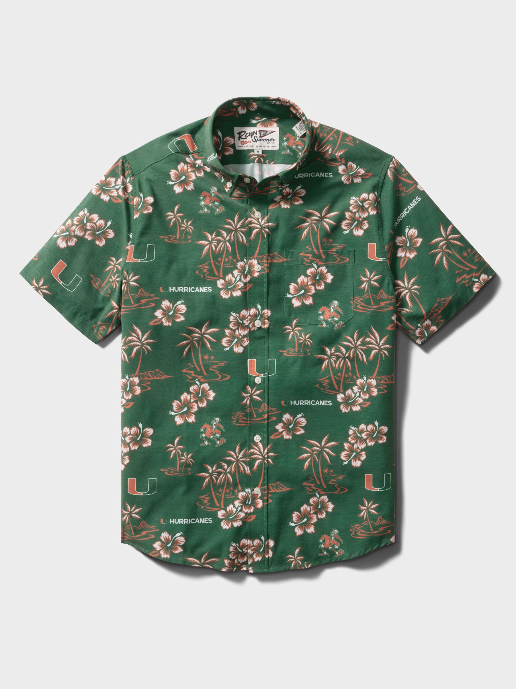 Reyn Spooner UNIVERSITY OF MIAMI GAME DAY PERFORMANCE ALOHA SHIRT in GREEN
