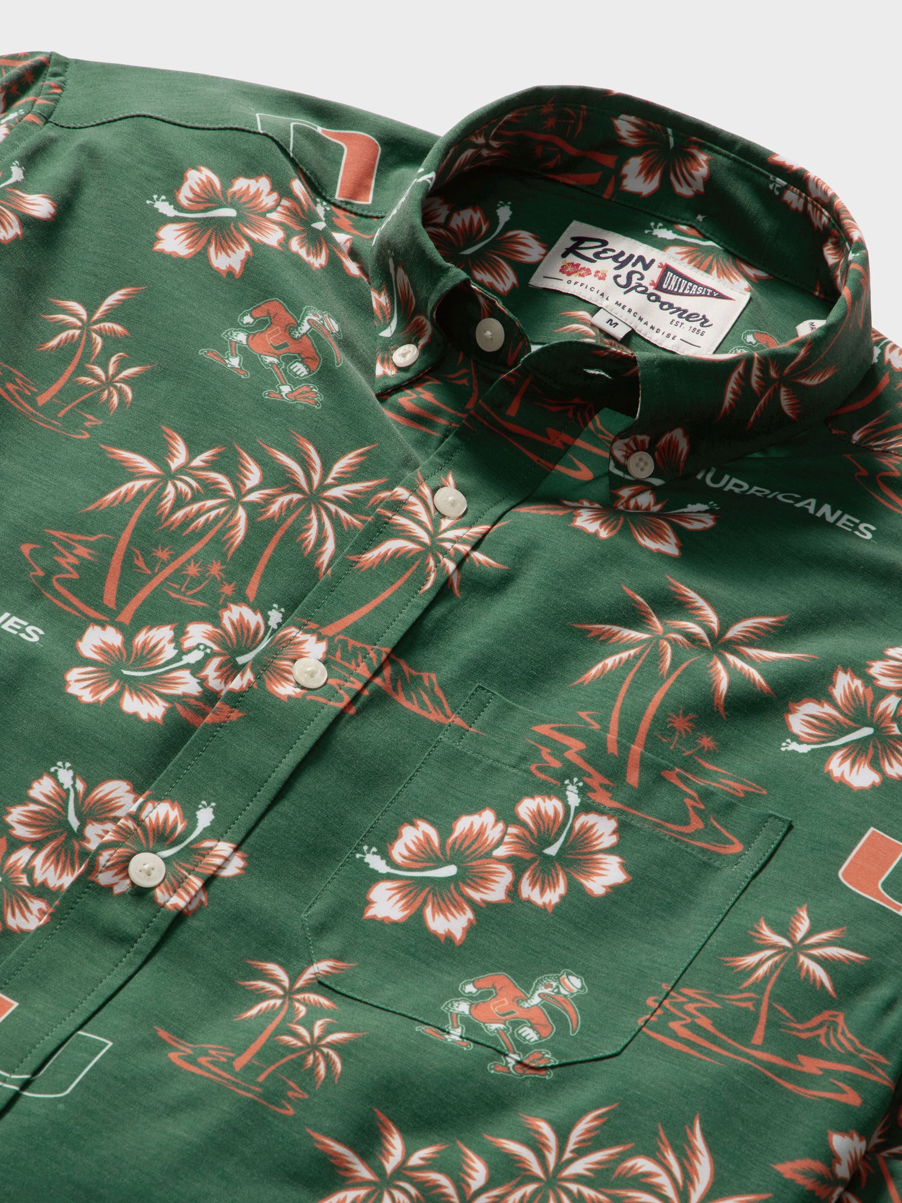 Reyn Spooner UNIVERSITY OF MIAMI GAME DAY PERFORMANCE ALOHA SHIRT in GREEN