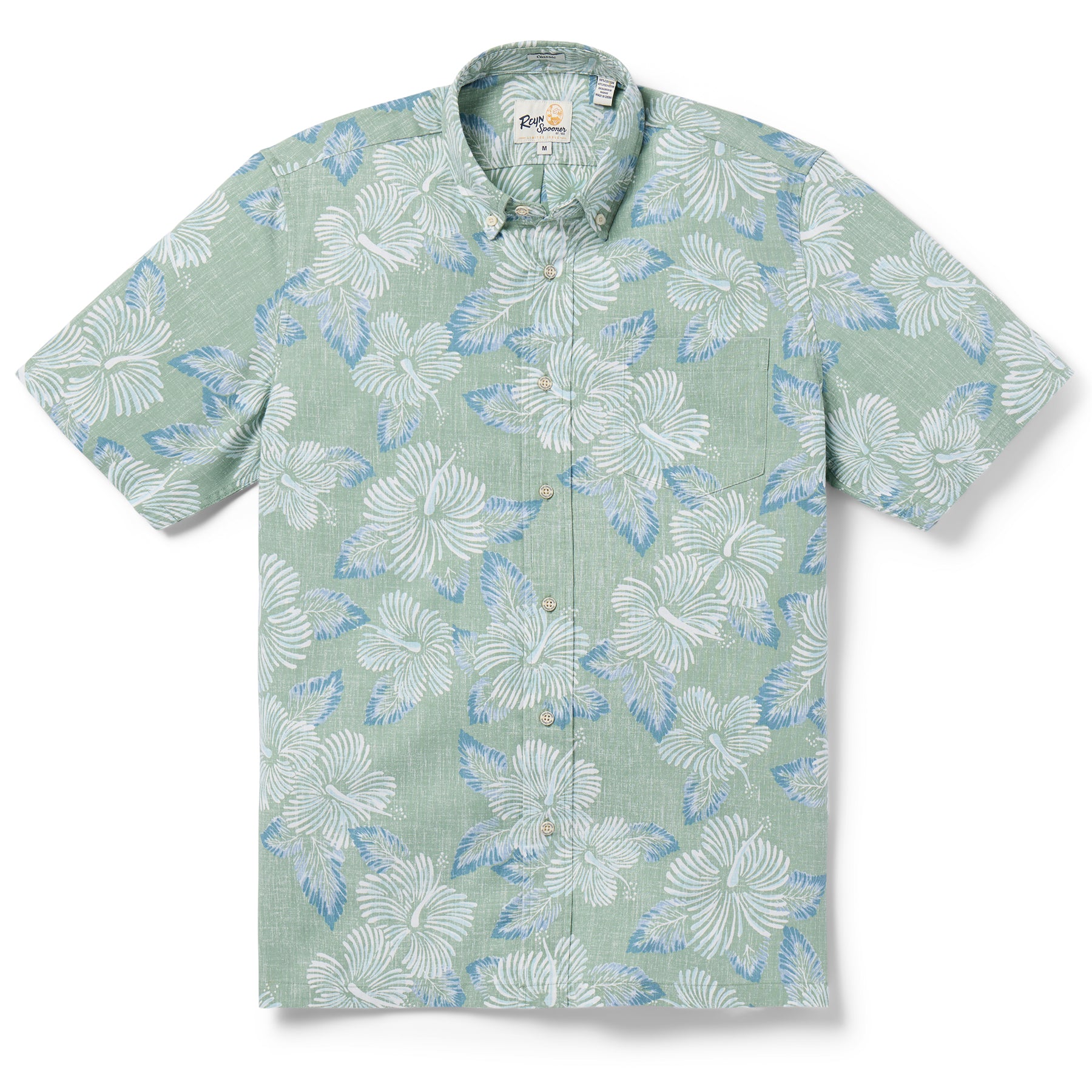 Reyn Spooner HIBISCUS BLOOMS BUTTON FRONT in LEAF