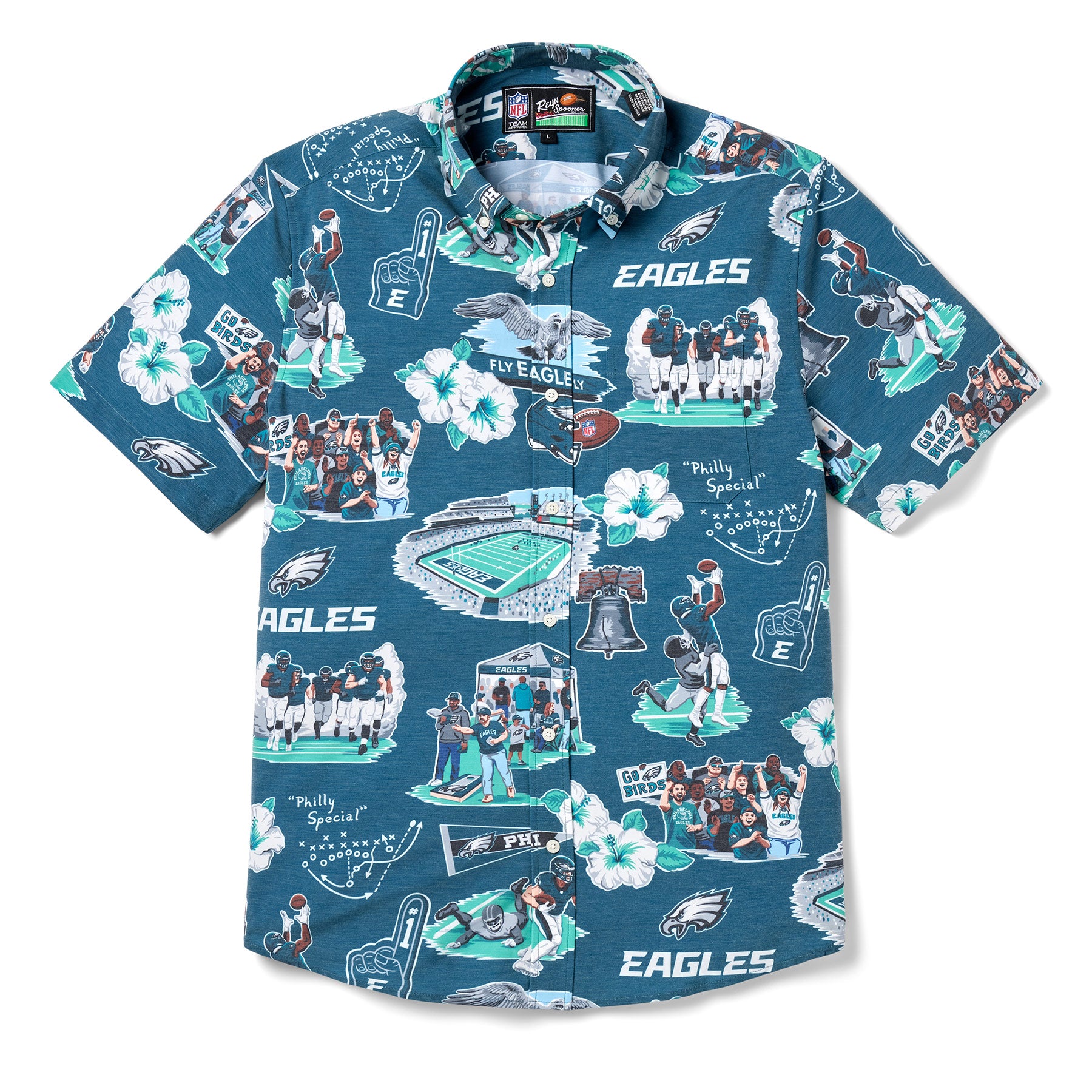 Reyn Spooner PHILADELPHIA EAGLES SCENIC PERFORMANCE BUTTON FRONT in MIDNIGHT GREEN