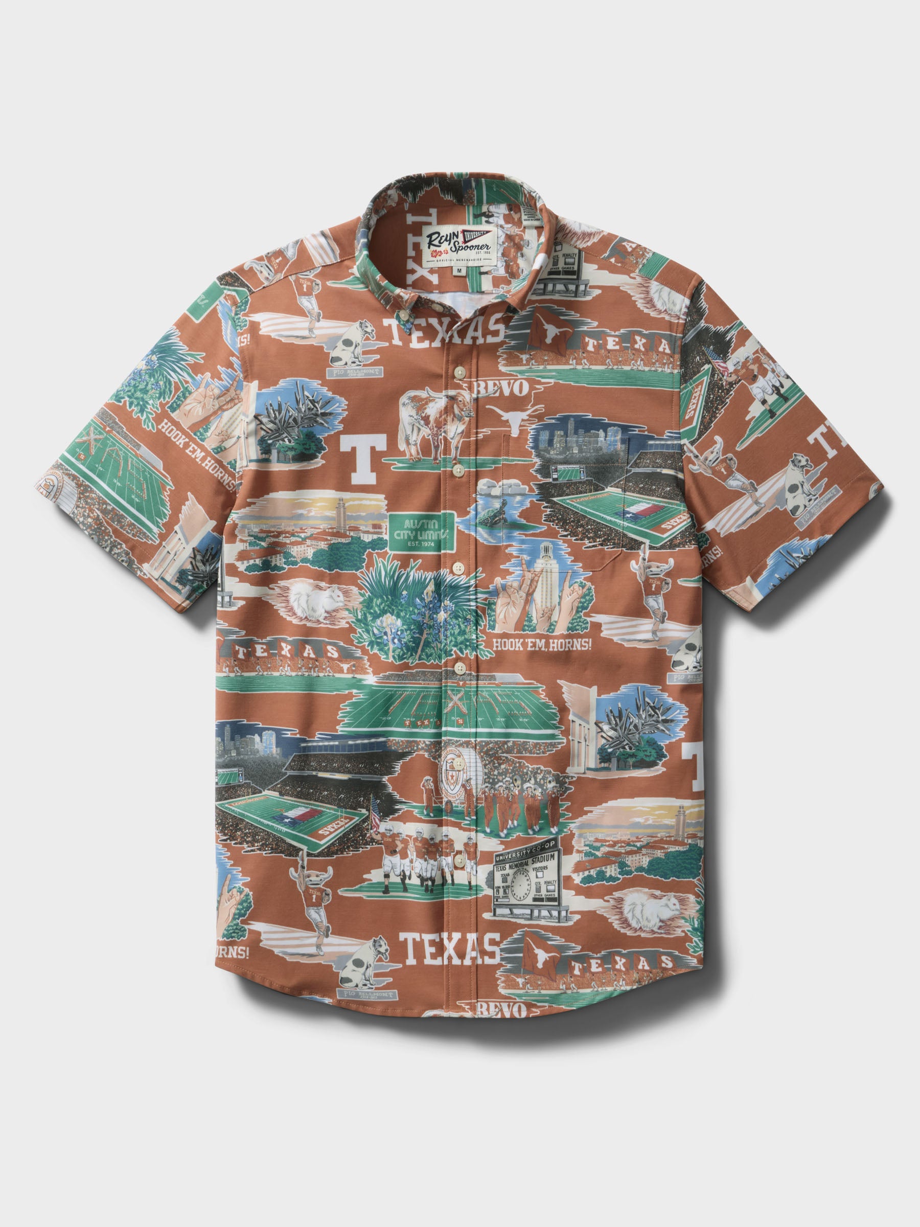 Reyn Spooner UNIVERSITY OF TEXAS SCENIC PERFORMANCE ALOHA SHIRT in BURNT ORANGE
