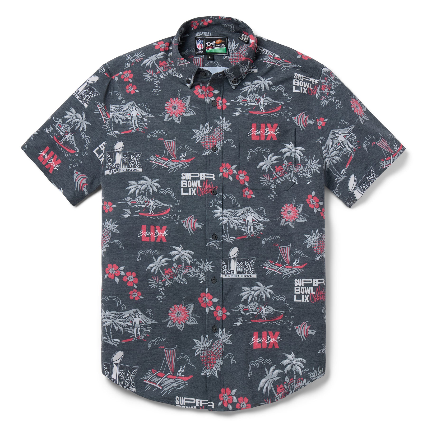 Reyn Spooner NFL SUPER BOWL 59 KEKAI PERFORMANCE BUTTON FRONT in BURGUNDY