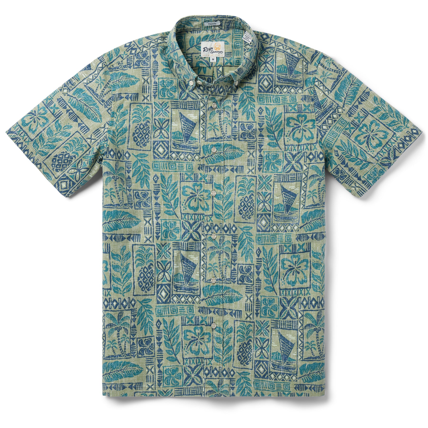 Reyn Spooner TAHITIAN TAPA BUTTON FRONT in OLIVE