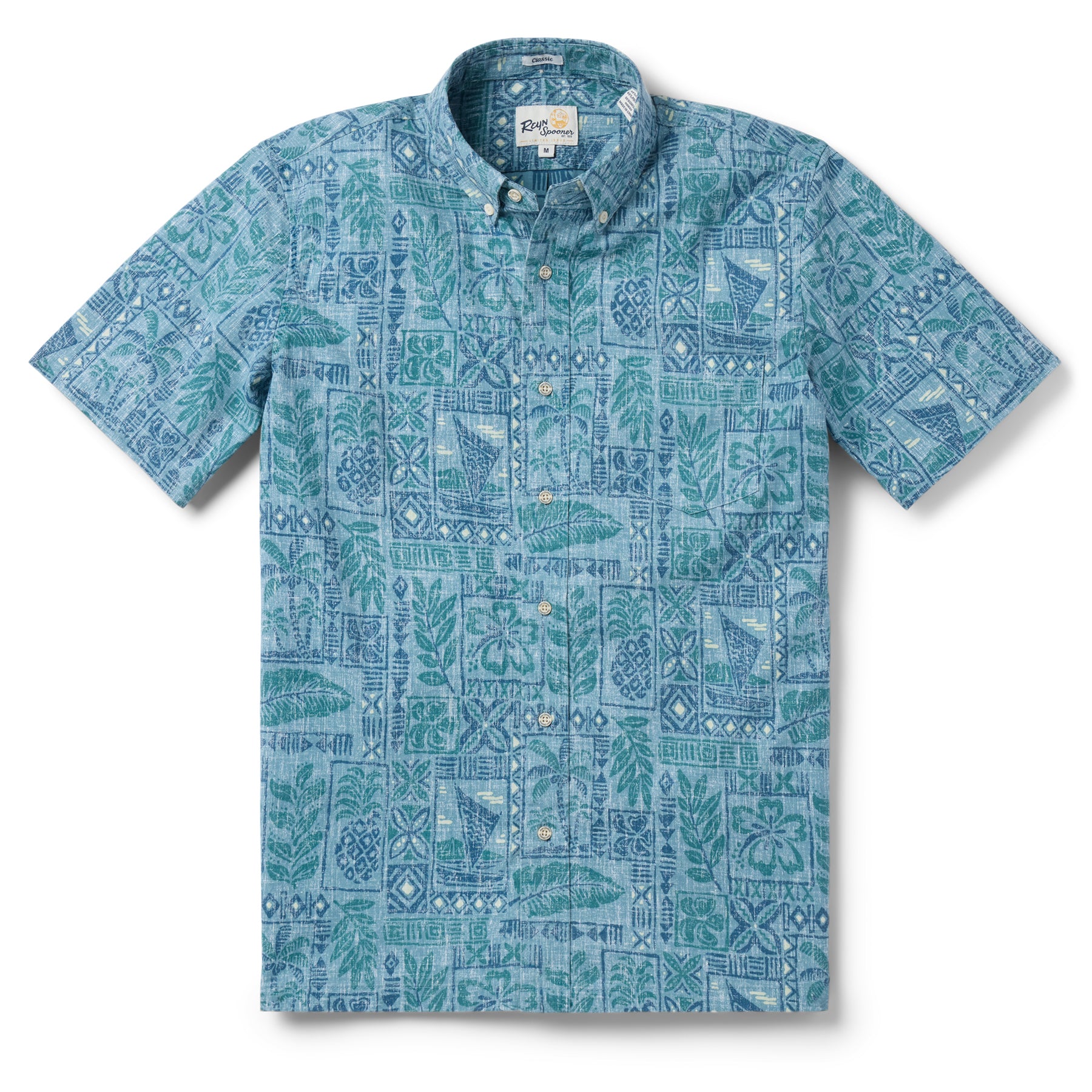 Reyn Spooner TAHITIAN TAPA BUTTON FRONT in SURF BLUE