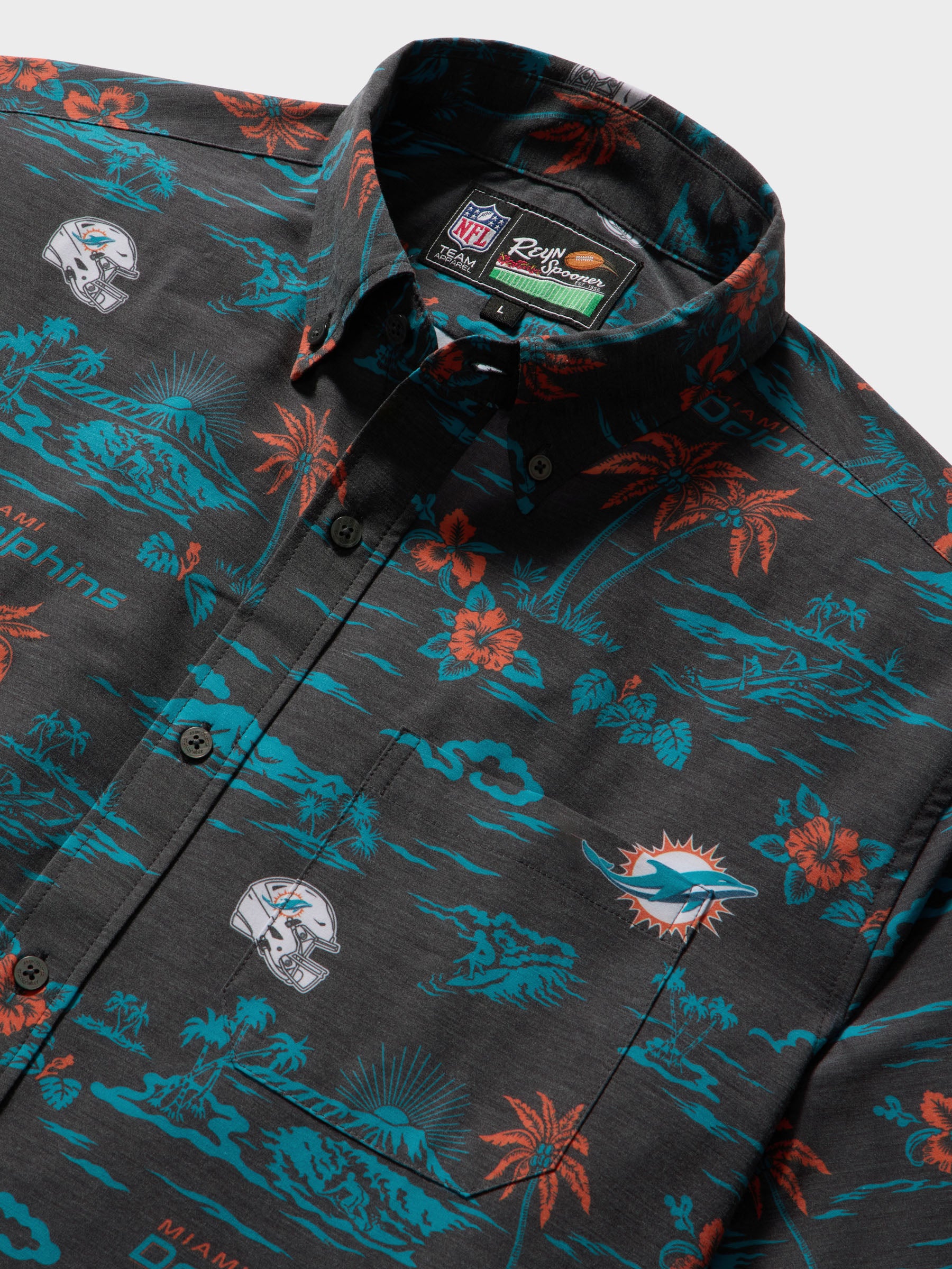 Reyn Spooner MIAMI DOLPHINS GAME DAY PERFORMANCE ALOHA SHIRT in BLACK