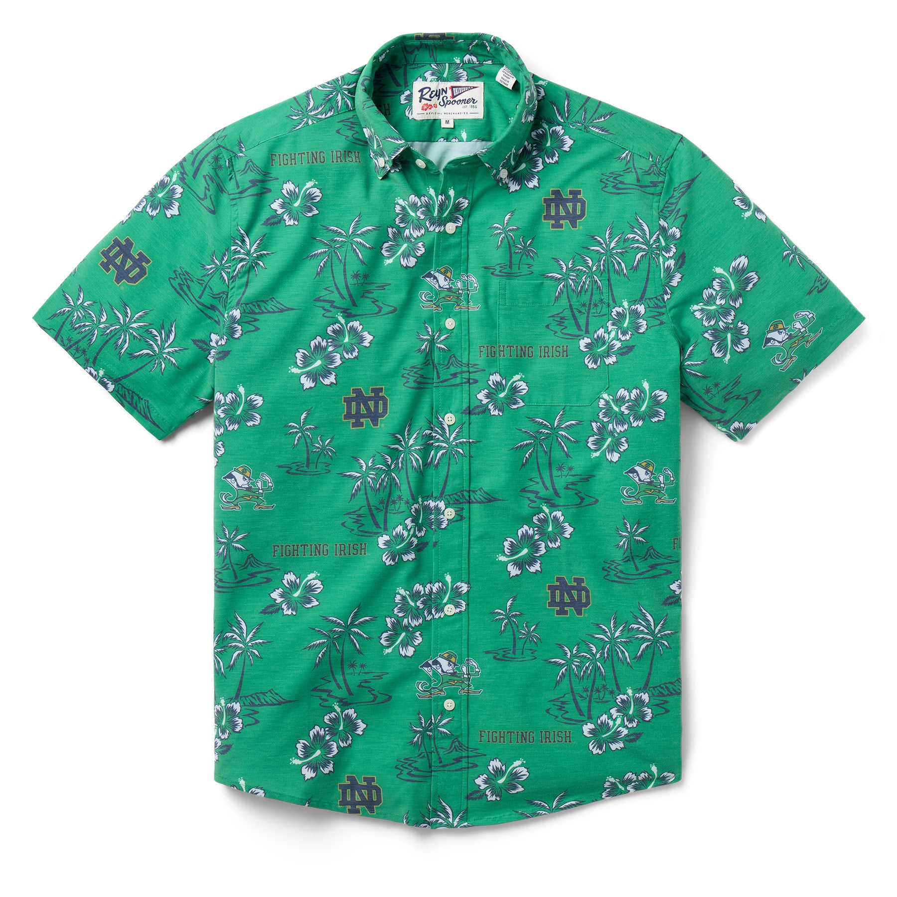Reyn Spooner UNIVERSITY OF NOTRE DAME KEKAI PERFORMANCE BUTTON FRONT in GREEN