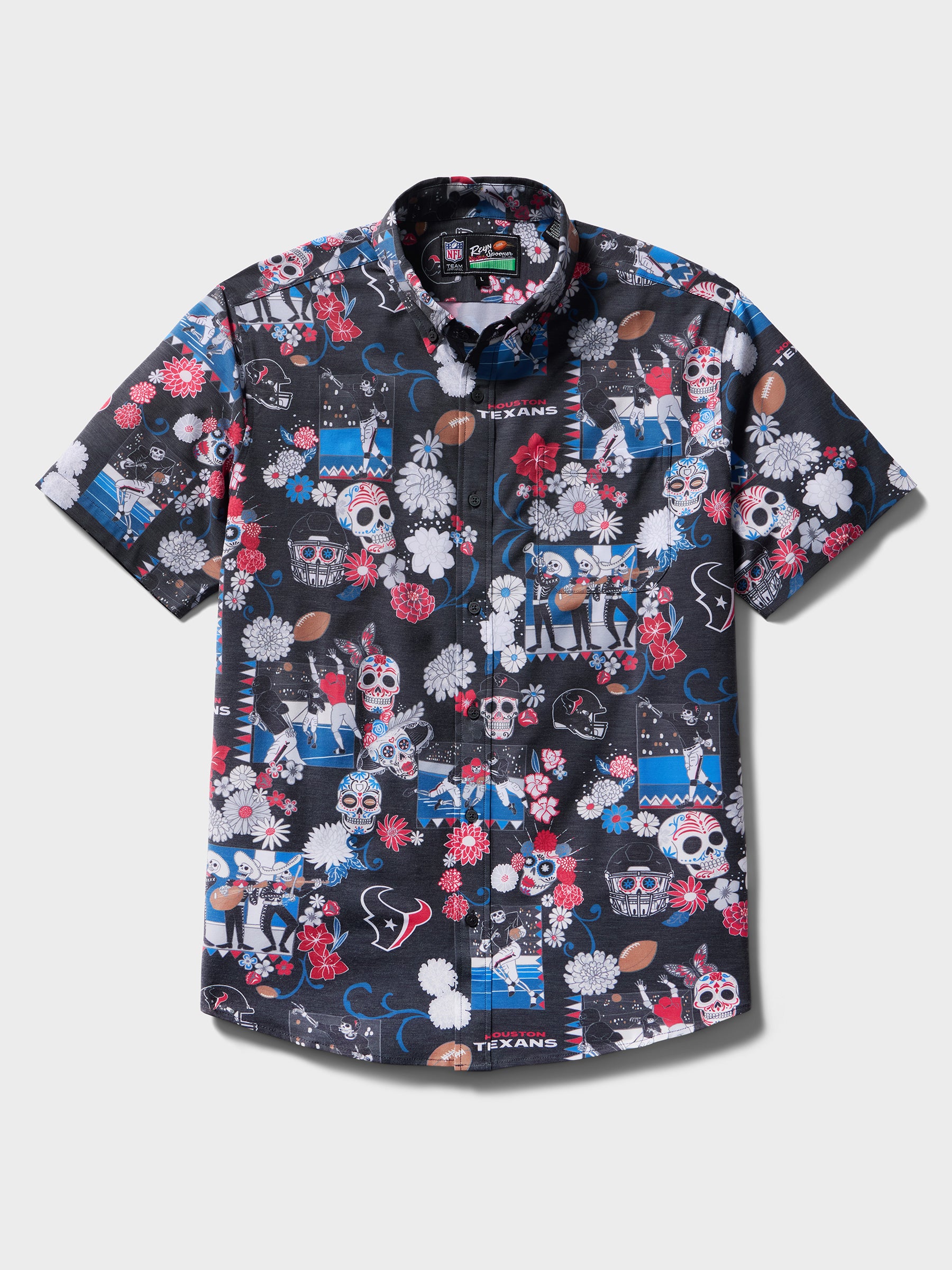 Reyn Spooner HOUSTON TEXANS DÍA DE LOS MUERTOS PERFORMANCE ALOHA SHIRT in BLACK