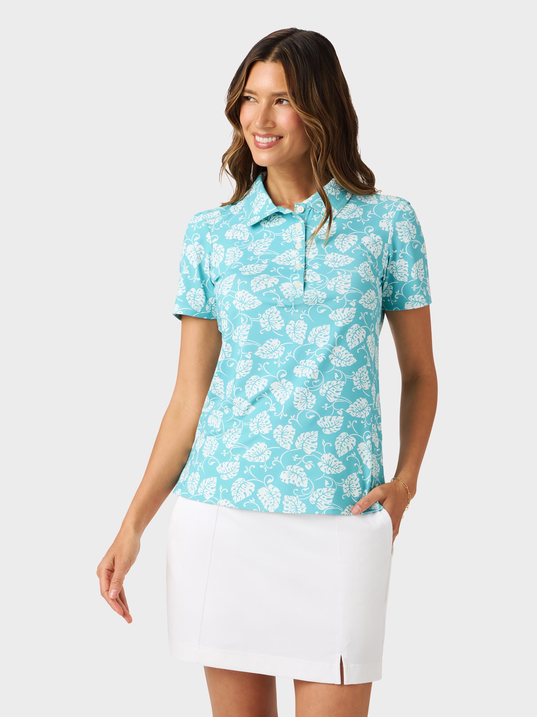 Reyn Spooner MONSTERA SWIRL AVA PERFORMANCE POLO in AQUA