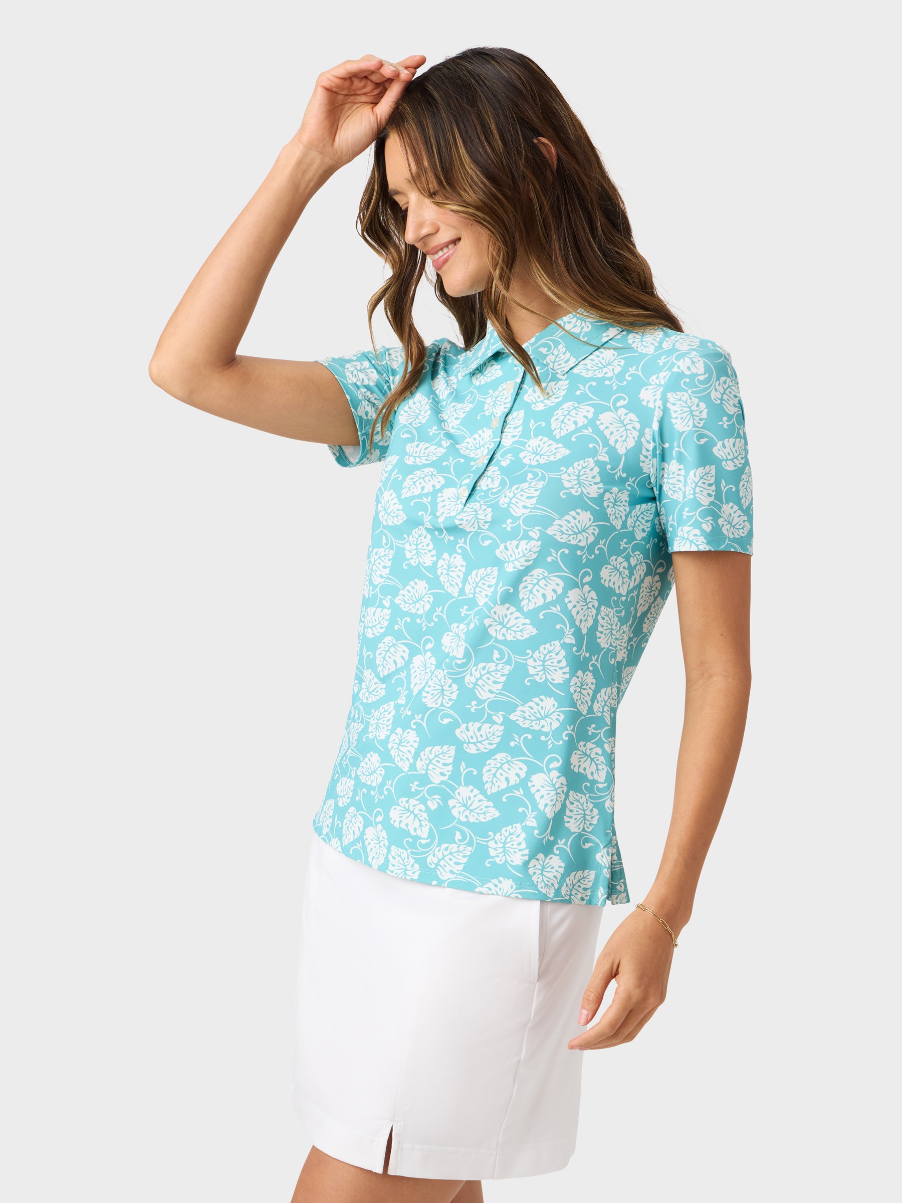 Reyn Spooner MONSTERA SWIRL AVA PERFORMANCE POLO in AQUA