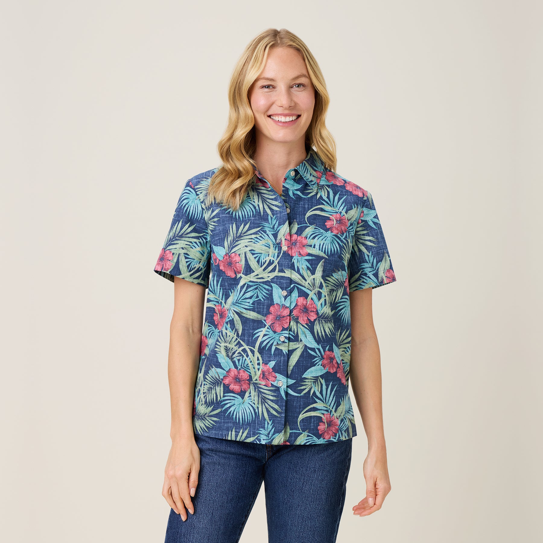 Reyn Spooner PALM FLORAL ABBY TOP in NAVY
