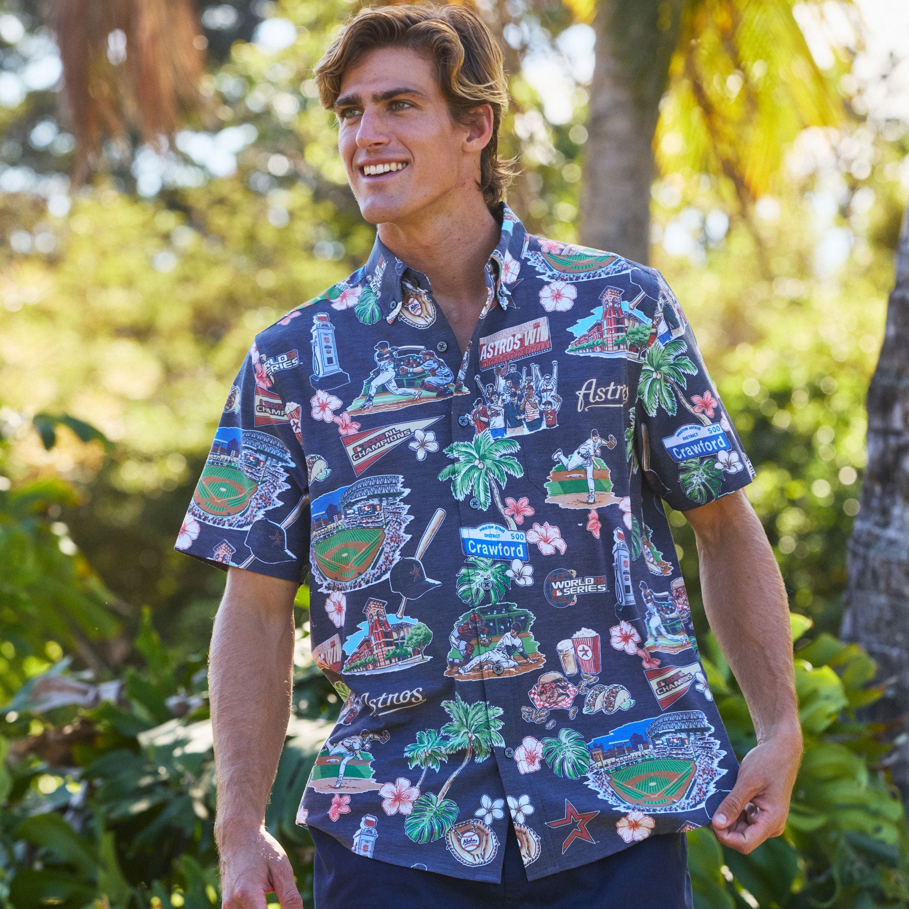 ［超レア］REYN SPOONER 野球選手キャラクター 半袖シャツ MLB® HOUSTON ASTROS SCENIC PERFORMANCE ALOHA SHIRT – Reyn Spooner