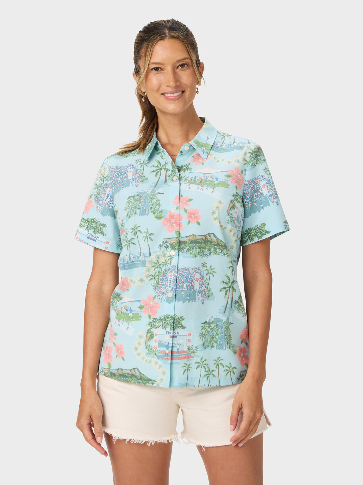 Reyn Spooner HONOLULU MARATHON WOMEN'S PERFORMANCE ALOHA SHIRT in AQUA
