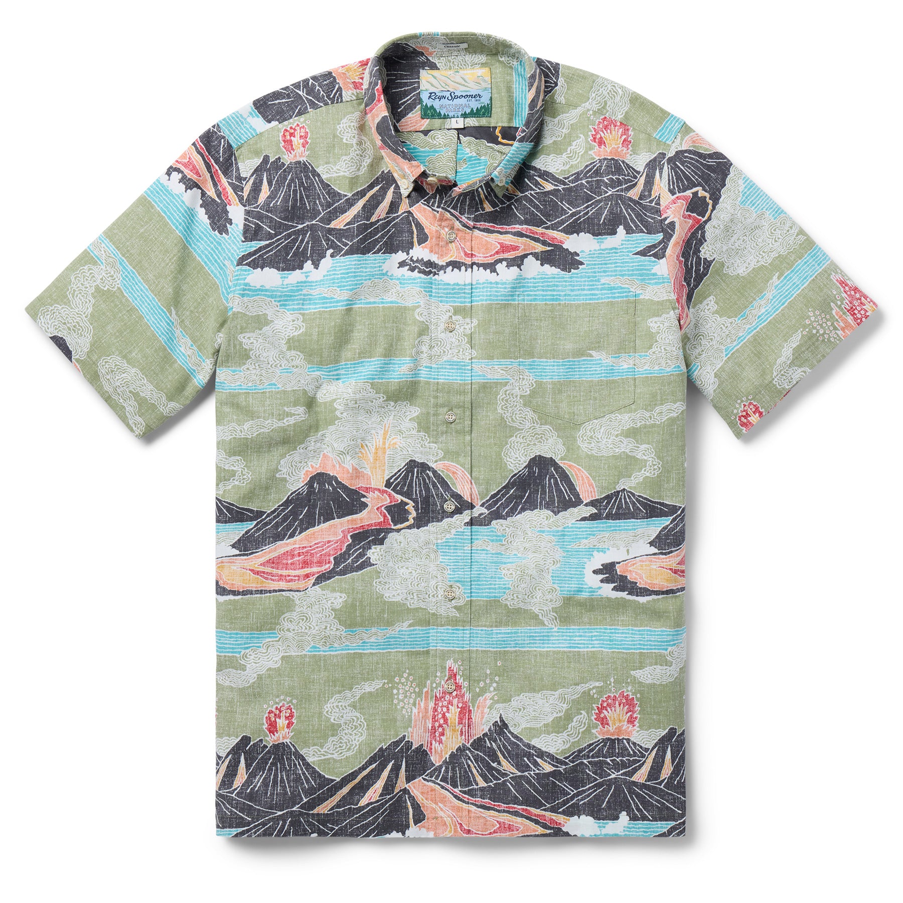 Reyn Spooner VOLCANOES NATIONAL PARK BUTTON FRONT in OLIVE