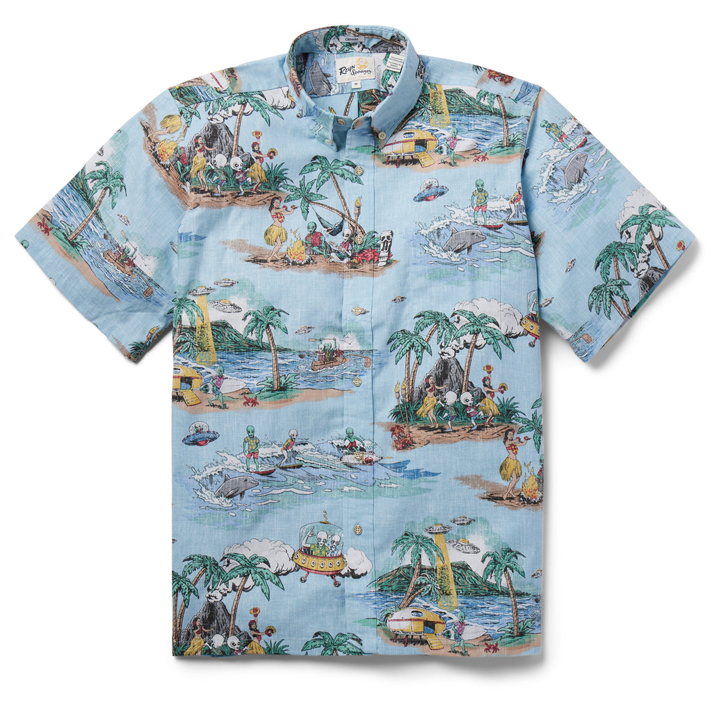 Reyn Spooner ALOHA ALIENS BUTTON FRONT in SKY BLUE