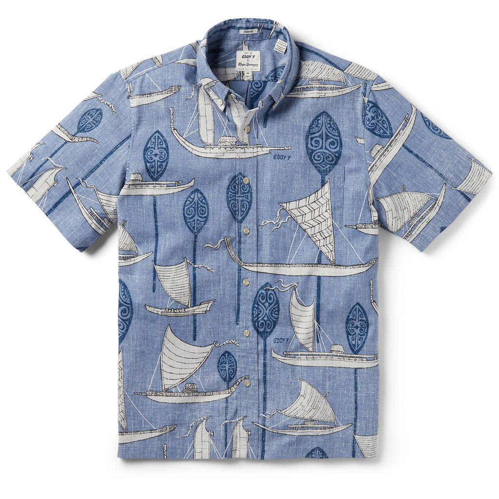 Reyn Spooner SOUTH PACIFIC VOYAGERS BUTTON FRONT in INFINITY BLUE