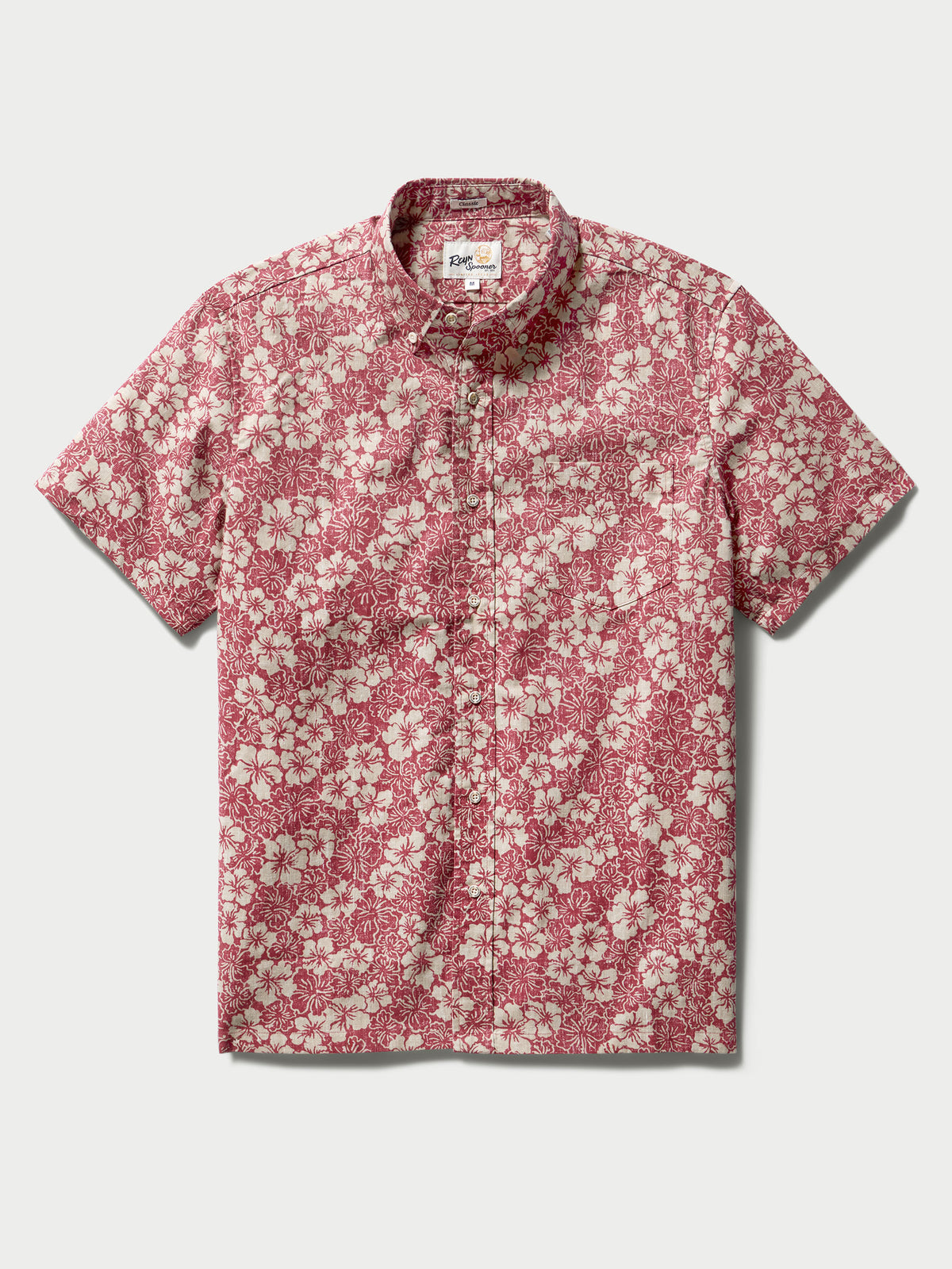 Reyn Spooner BISCUS BOUNTY BUTTON FRONT in EARTH RED