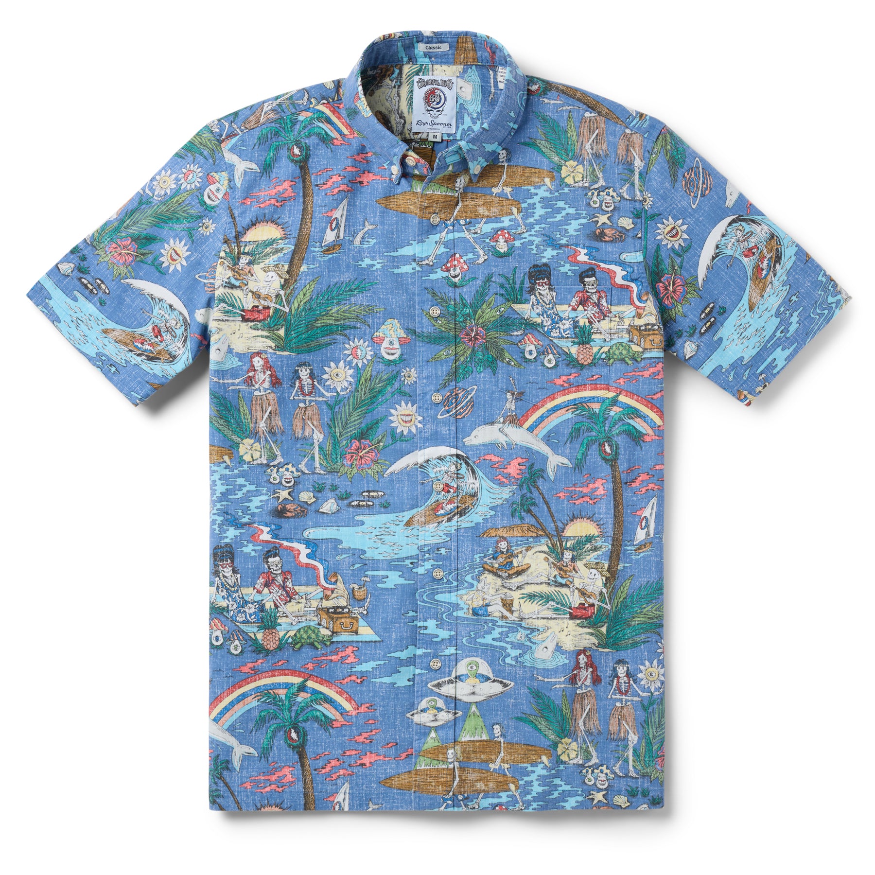 Reyn Spooner GRATEFUL DEAD "FAR OUT" BUTTON FRONT in BLUE HORIZON