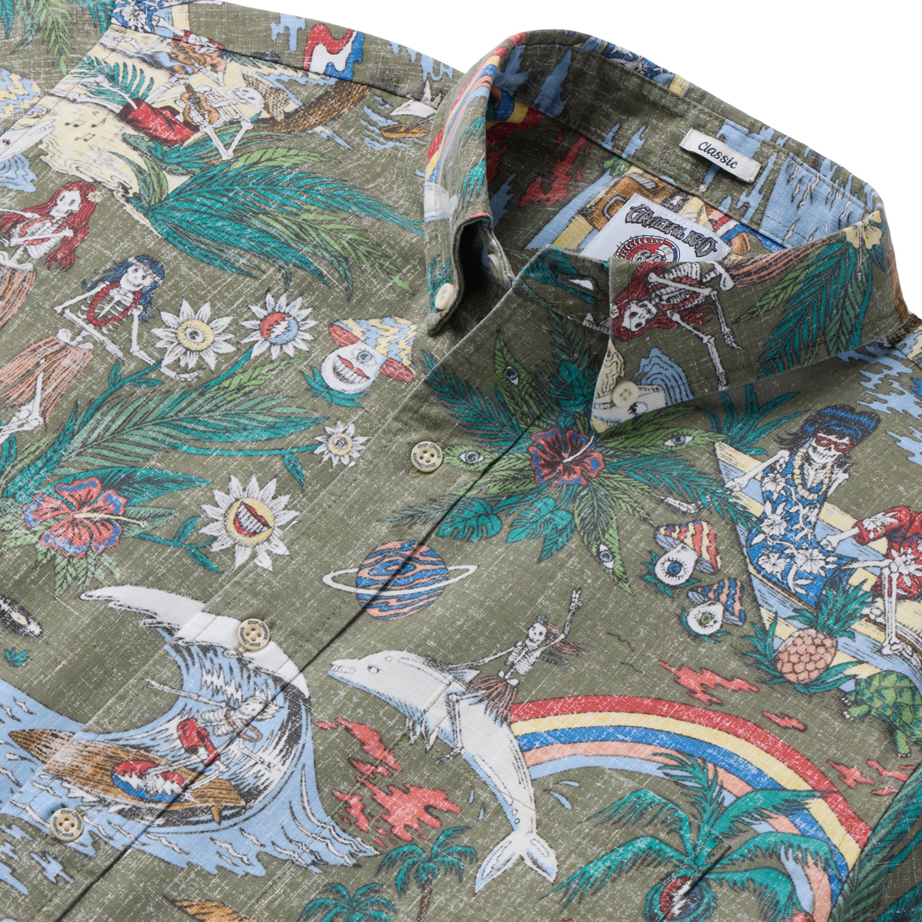 Reyn Spooner GRATEFUL DEAD "FAR OUT" BUTTON FRONT in DUSTY OLIVE