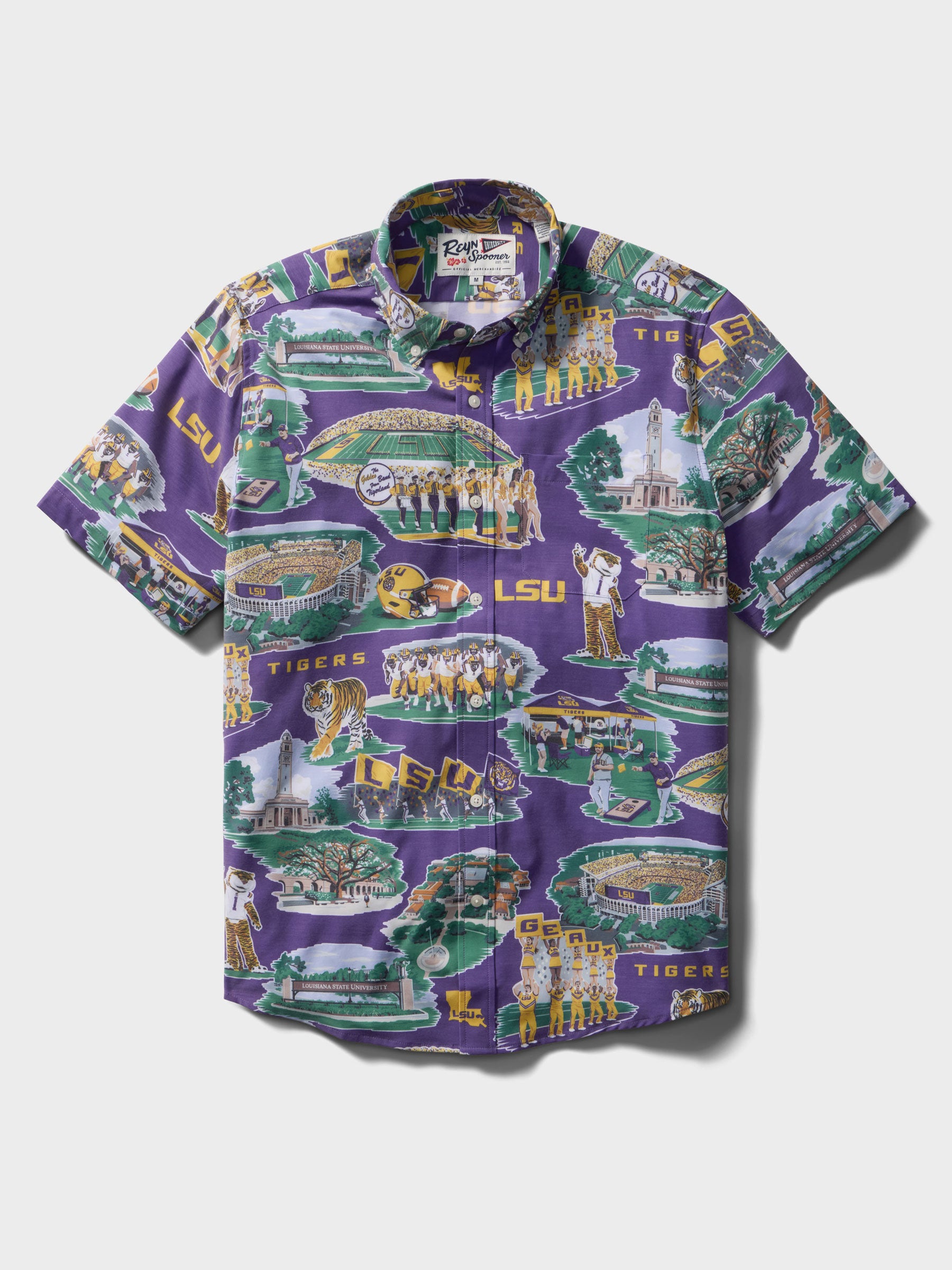Reyn Spooner LOUISIANA STATE UNIVERSITY SCENIC PERFORMANCE ALOHA SHIRT in PURPLE