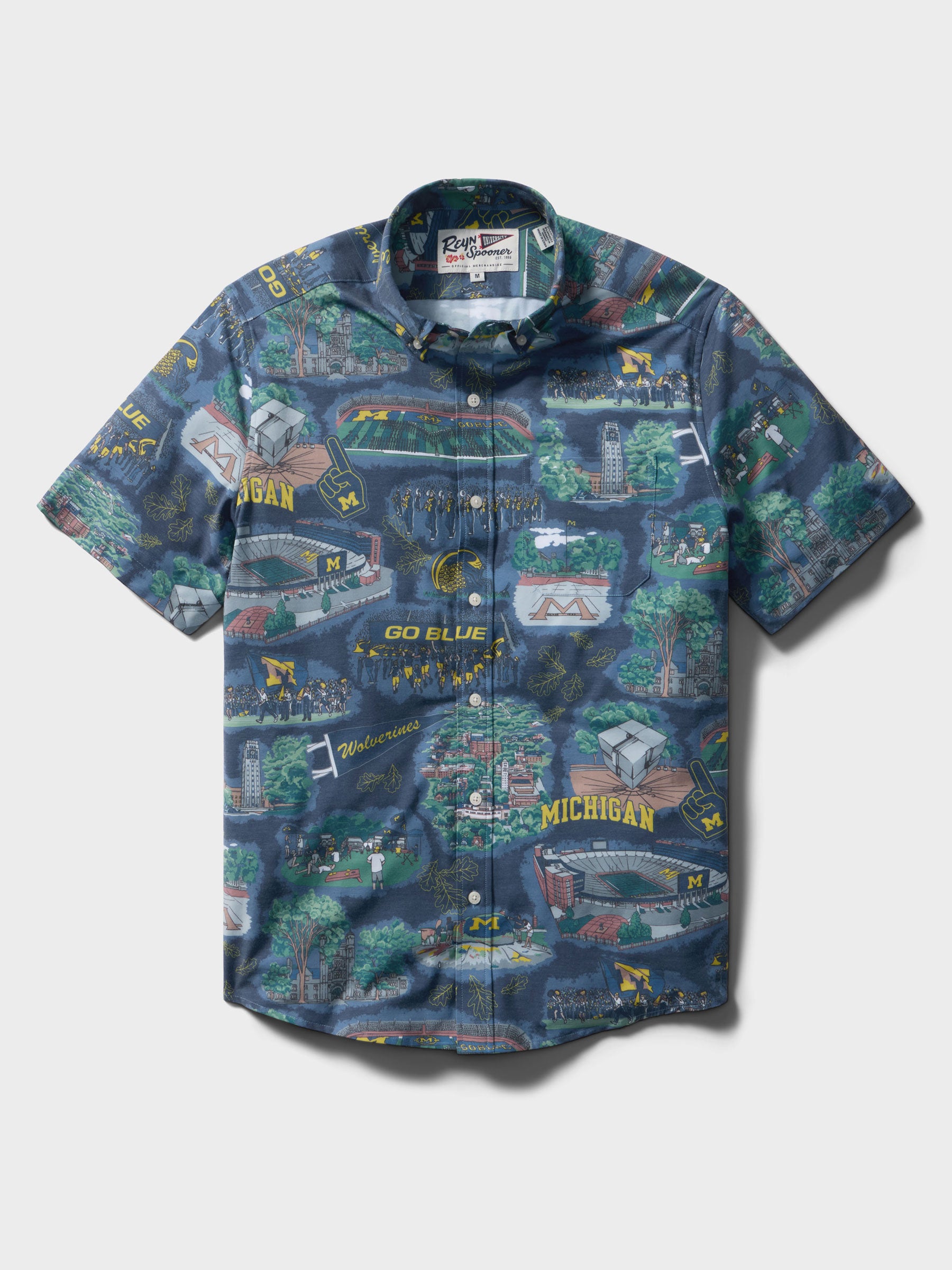 Reyn Spooner UNIVERSITY OF MICHIGAN SCENIC PERFORMANCE ALOHA SHIRT in NAVY