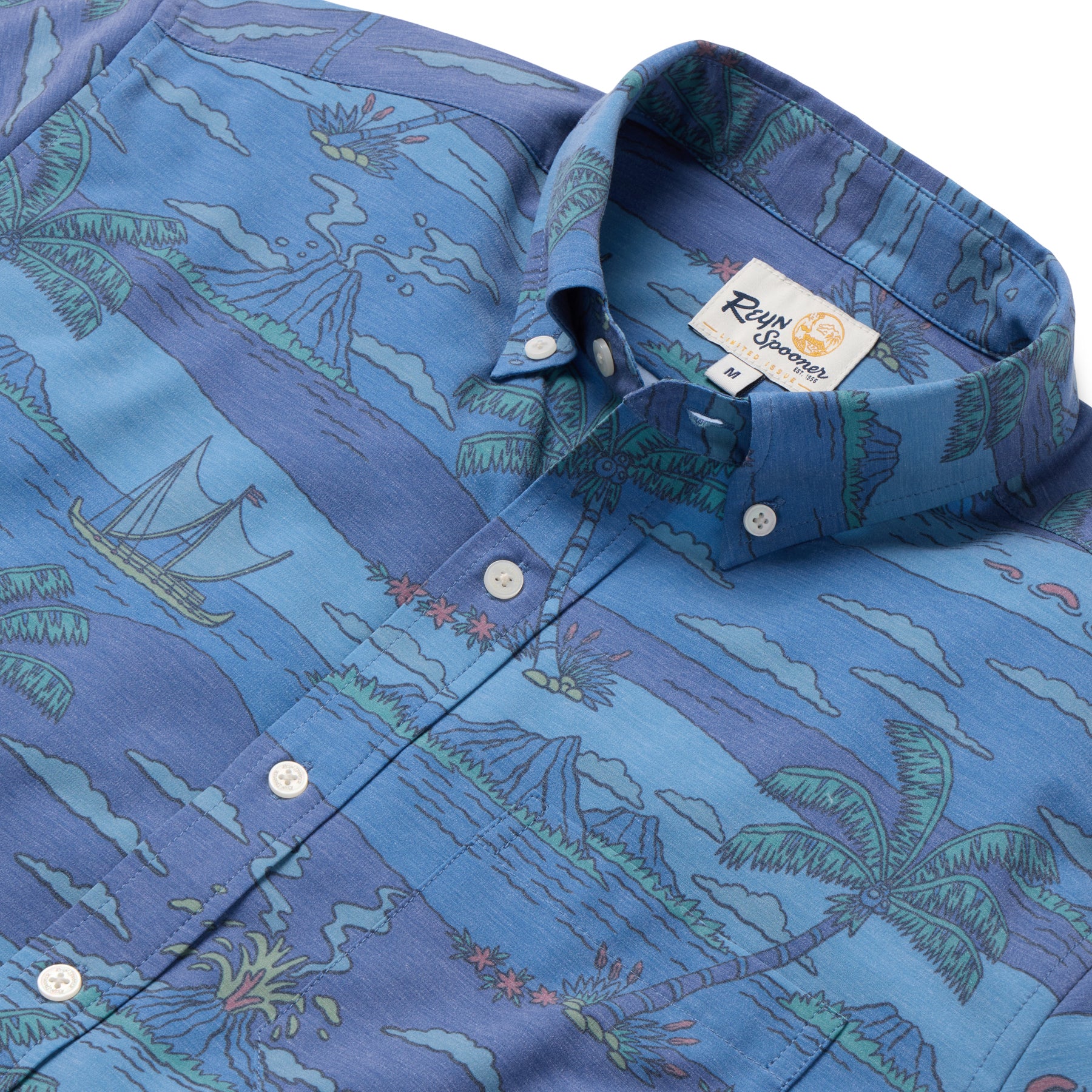 Reyn Spooner VOLCANO PALMS PERFORMANCE BUTTON FRONT in BLUE