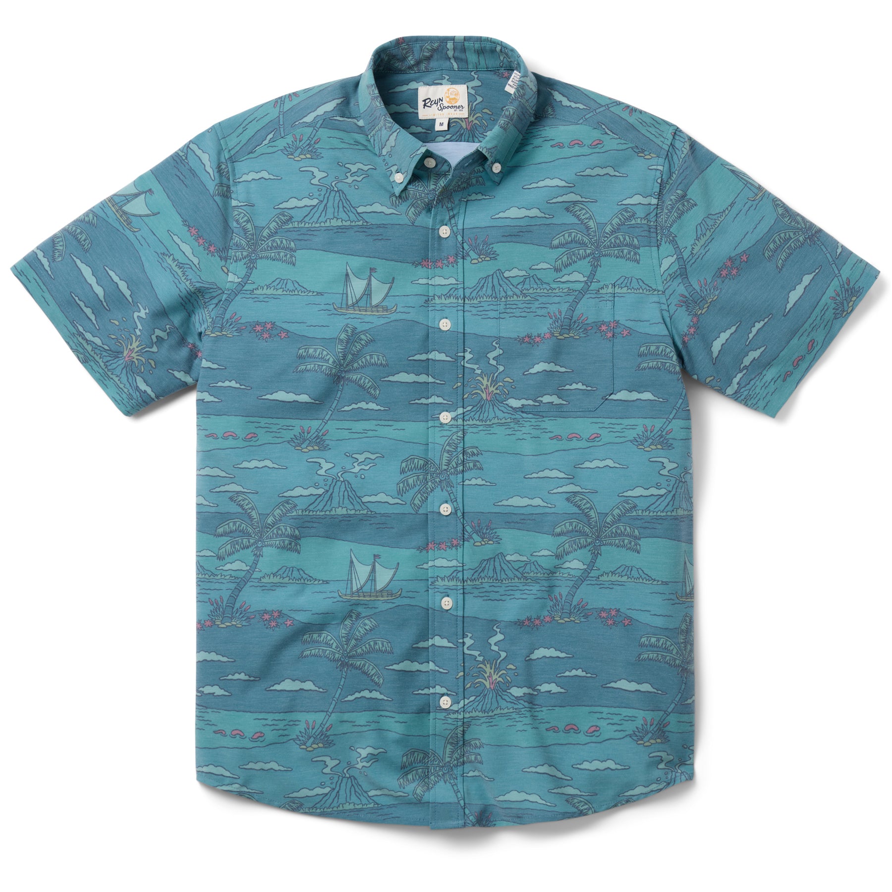 Reyn Spooner VOLCANO PALMS PERFORMANCE BUTTON FRONT in DEEP SEA