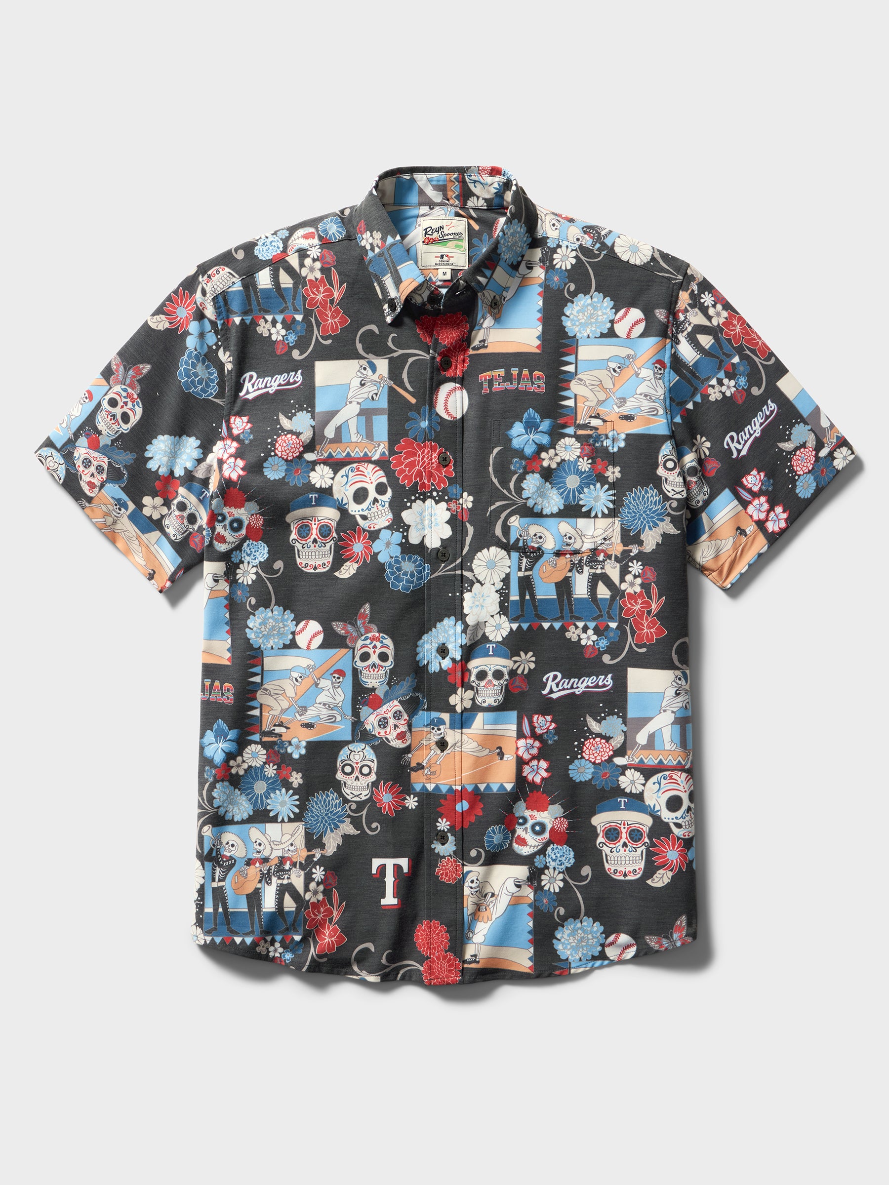 Reyn Spooner MLB® TEXAS RANGERS DÍA DE LOS MUERTOS PERFORMANCE ALOHA SHIRT in BLACK