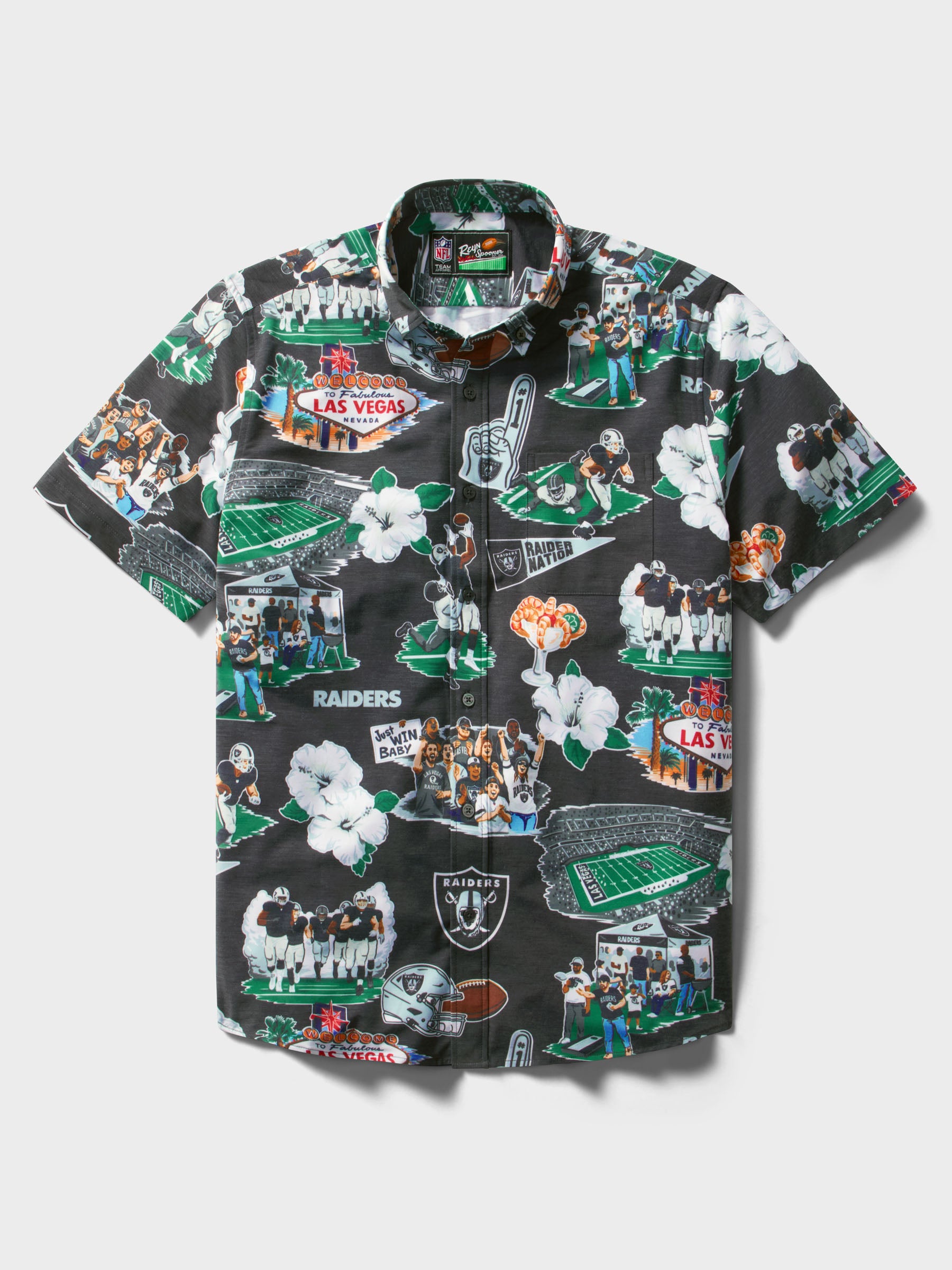 Reyn Spooner LAS VEGAS RAIDERS SCENIC PERFORMANCE ALOHA SHIRT in BLACK