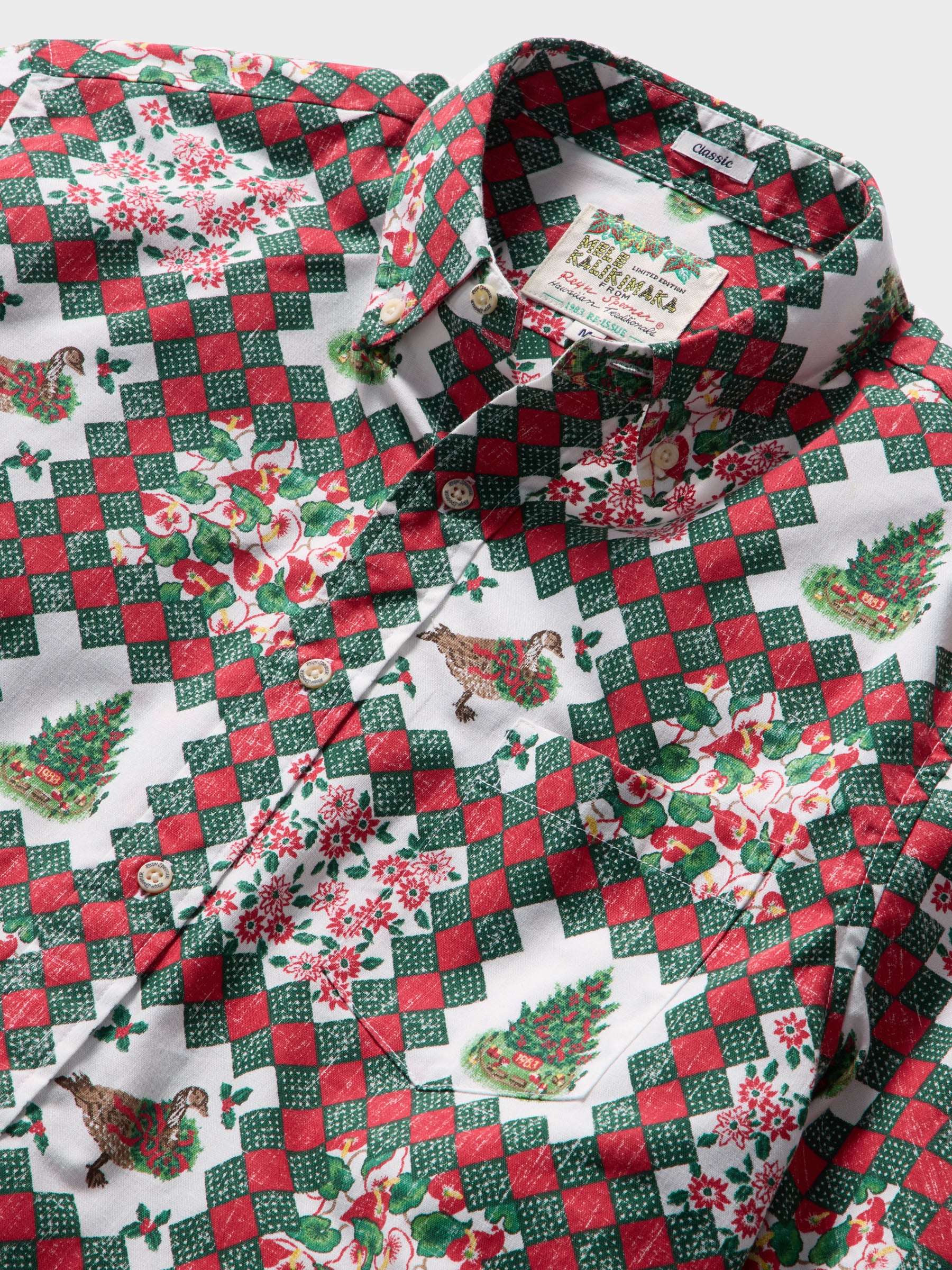 Reyn Spooner HAWAIIAN CHRISTMAS 1983 BUTTON FRONT in WHITE