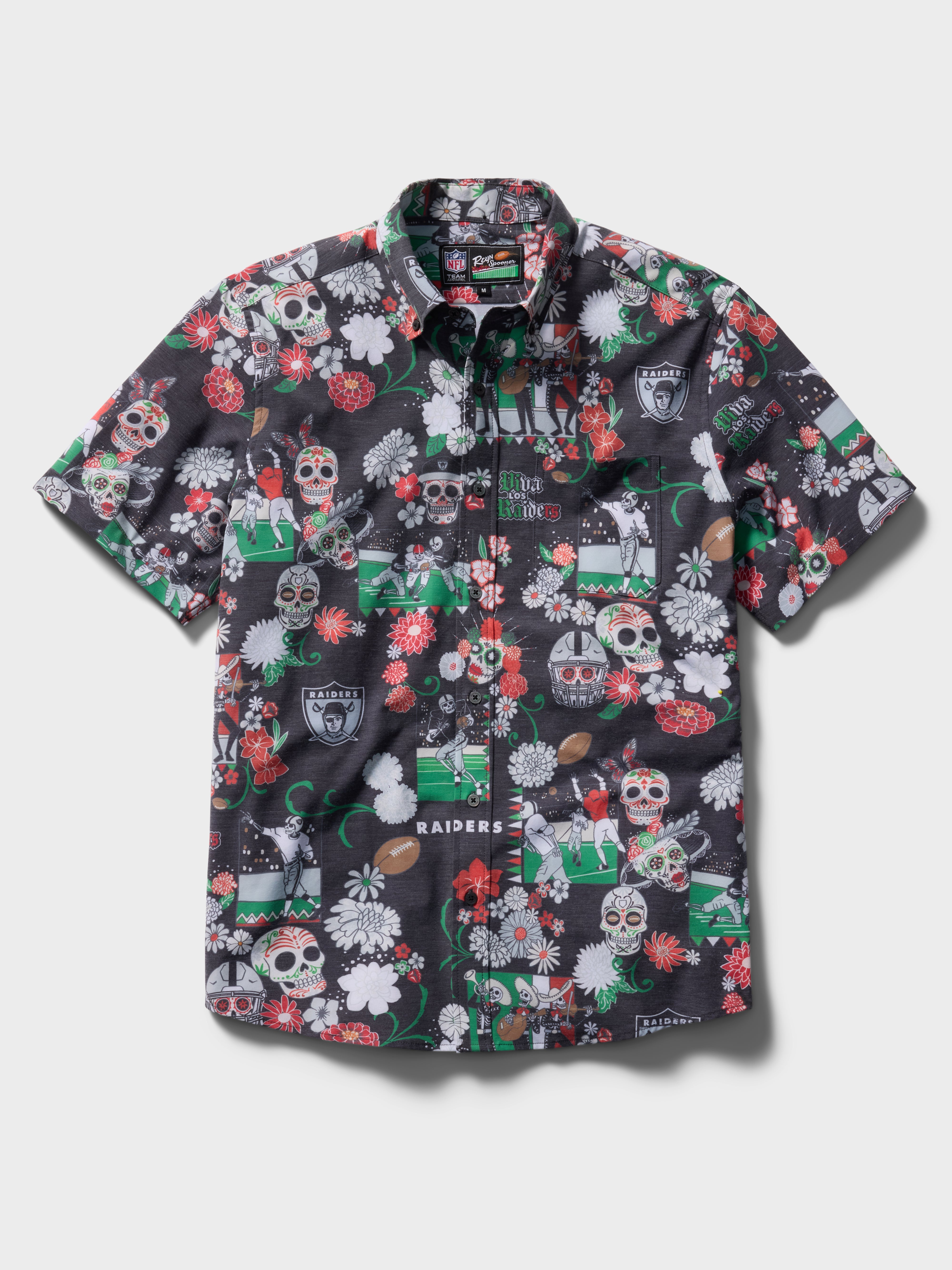 Reyn Spooner LAS VEGAS RAIDERS DÍA DE LOS MUERTOS PERFORMANCE ALOHA SHIRT in BLACK