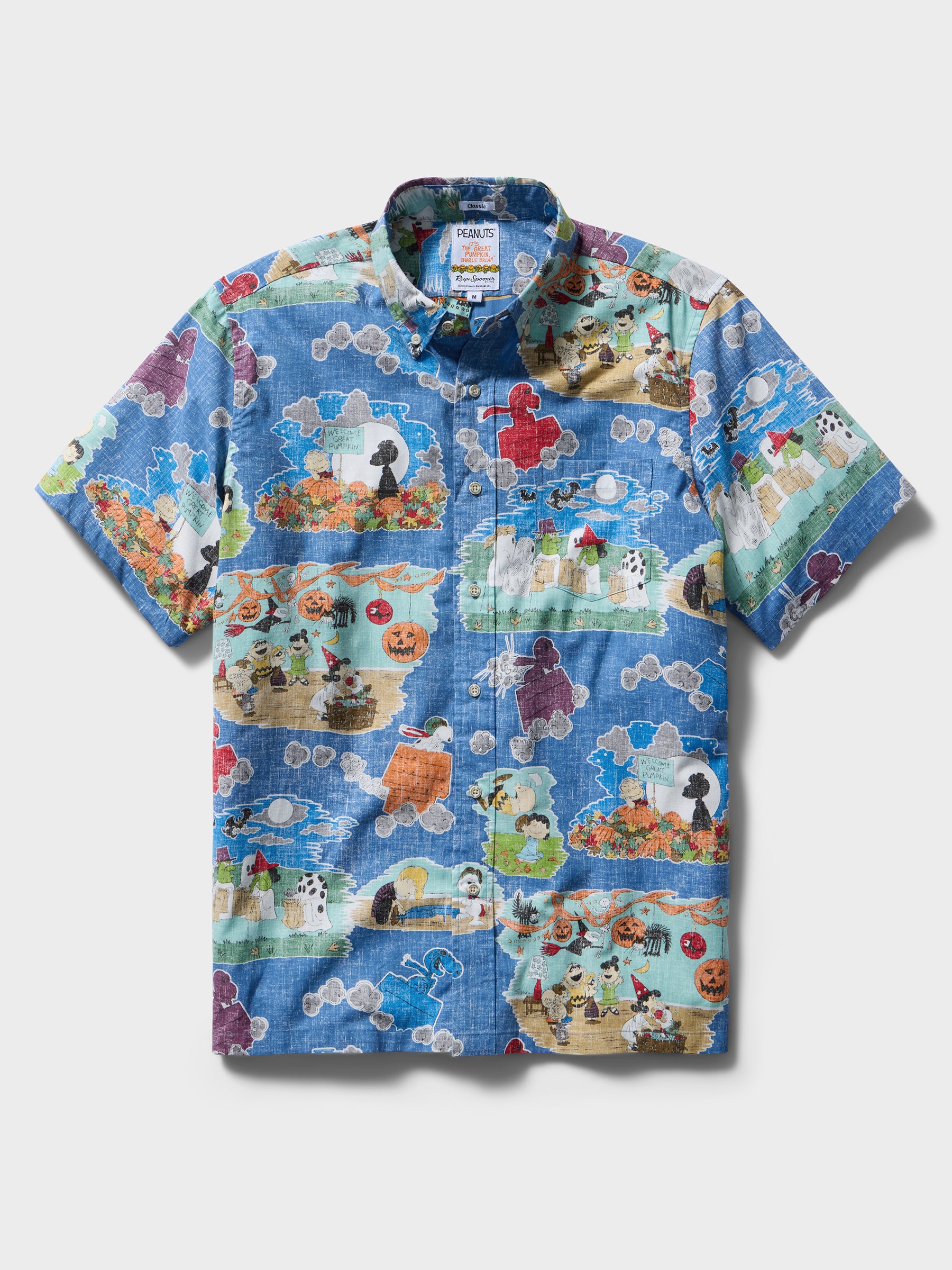 Reyn Spooner IT'S THE GREAT PUMPKIN, CHARLIE BROWN: 60TH ANNIVERSARY BUTTON FRONT in VINTAGE INDIGO