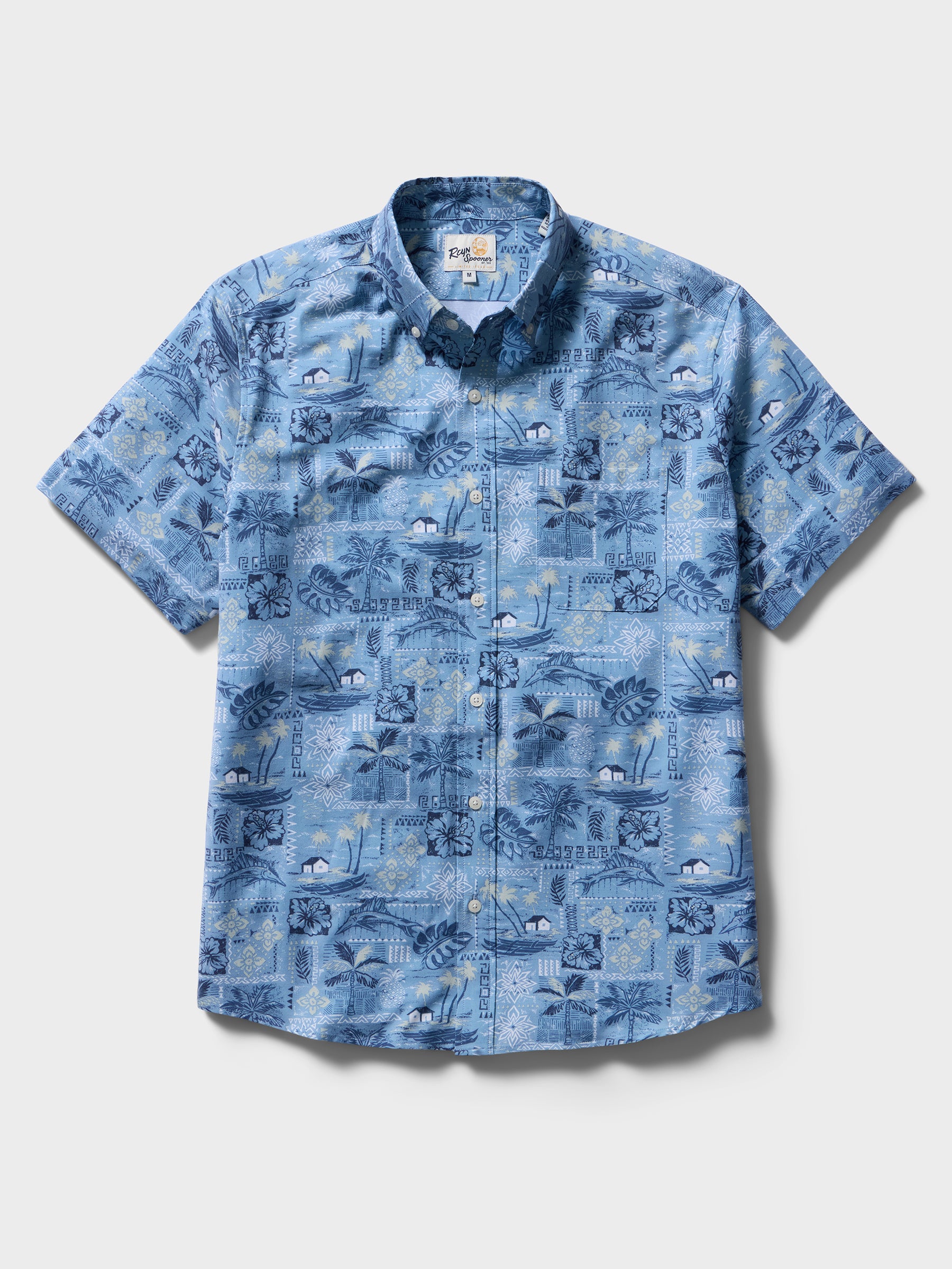 Reyn Spooner TAPA MONTAGE PERFORMANCE BUTTON FRONT in BLUE