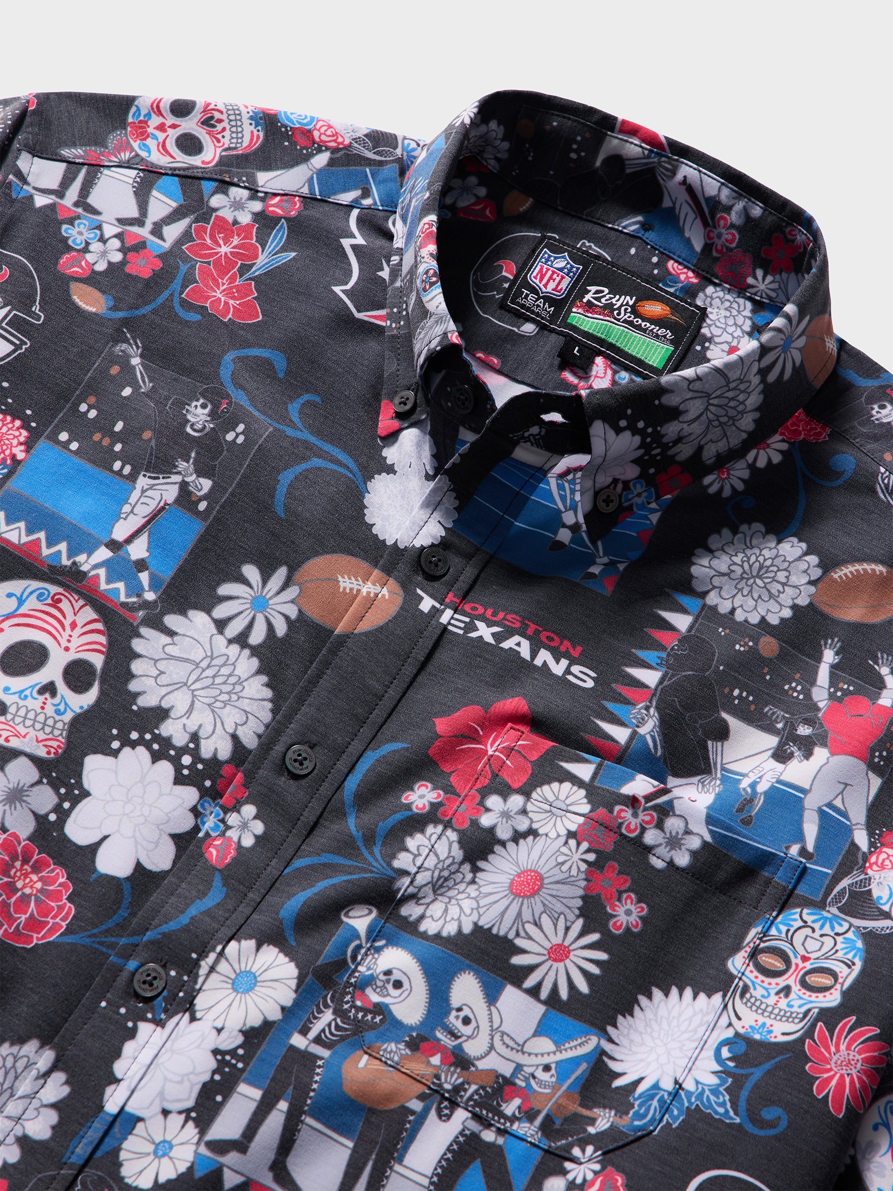 Reyn Spooner HOUSTON TEXANS DÍA DE LOS MUERTOS PERFORMANCE ALOHA SHIRT in BLACK