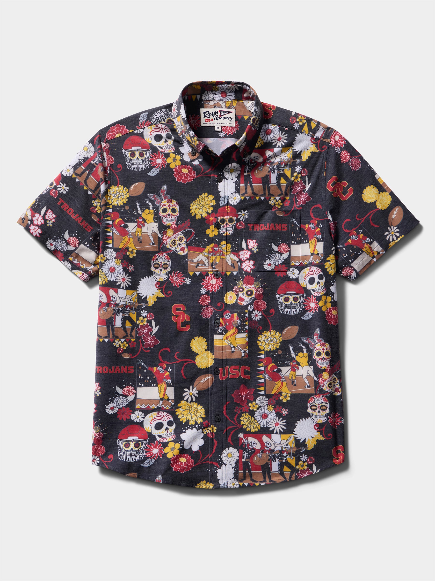 Reyn Spooner UNIVERSITY OF SOUTHERN CALIFORNIA DAY OF THE DEAD PERFORMANCE ALOHA SHIRT in BLACK