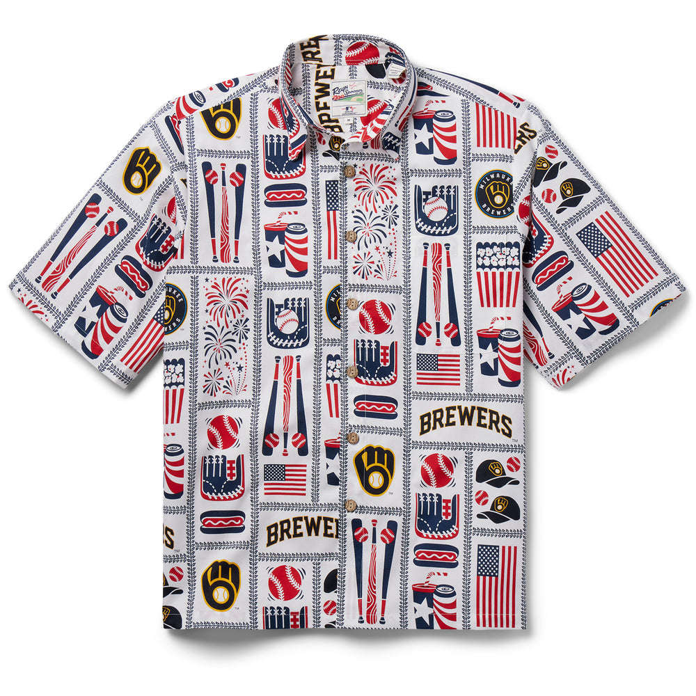 Men's Reyn Spooner White Milwaukee Brewers Americana Button-Up Shirt Size: Large