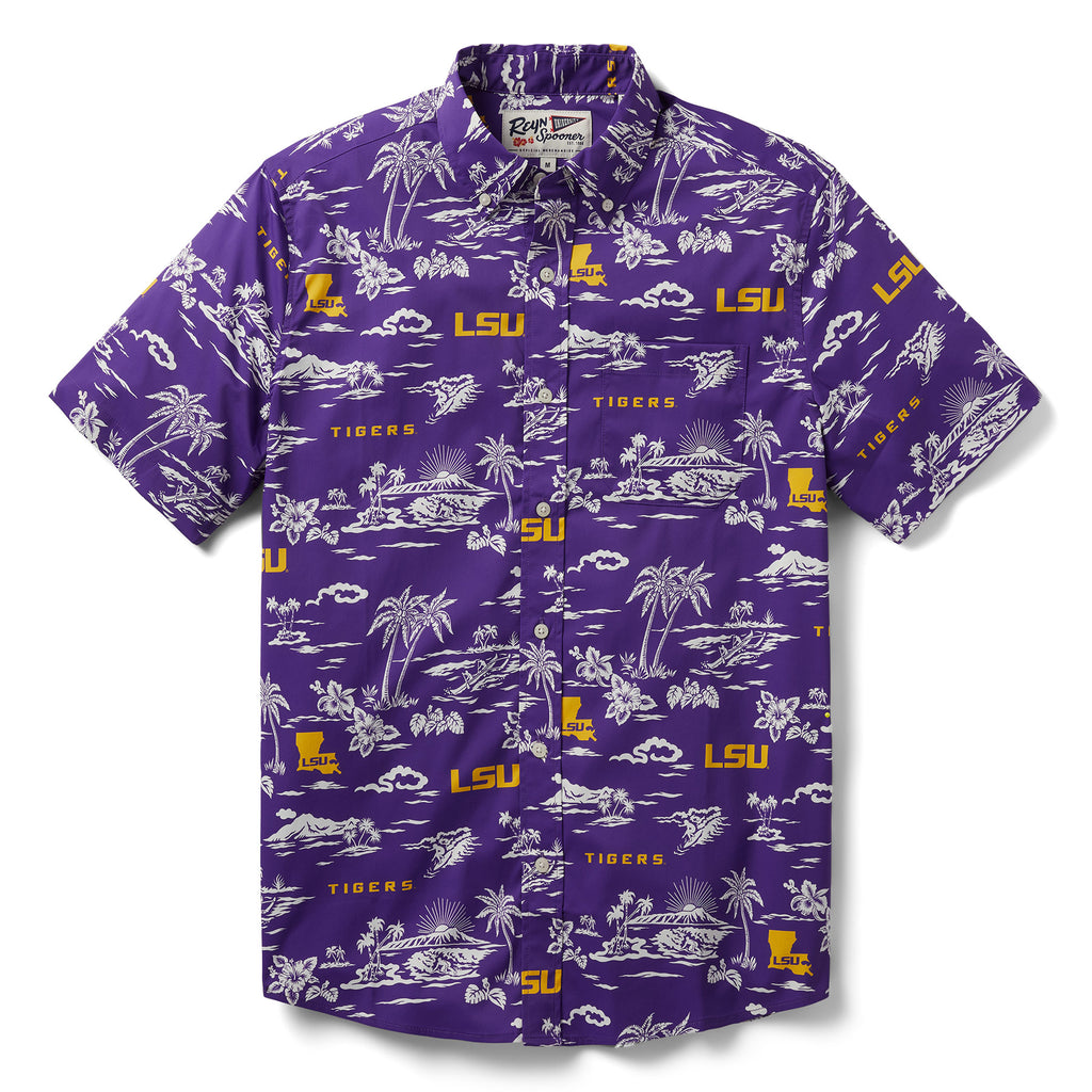 Reyn Spooner LOUISIANA STATE UNIVERSITY KEKAI PERFORMANCE BUTTON FRONT in PURPLE