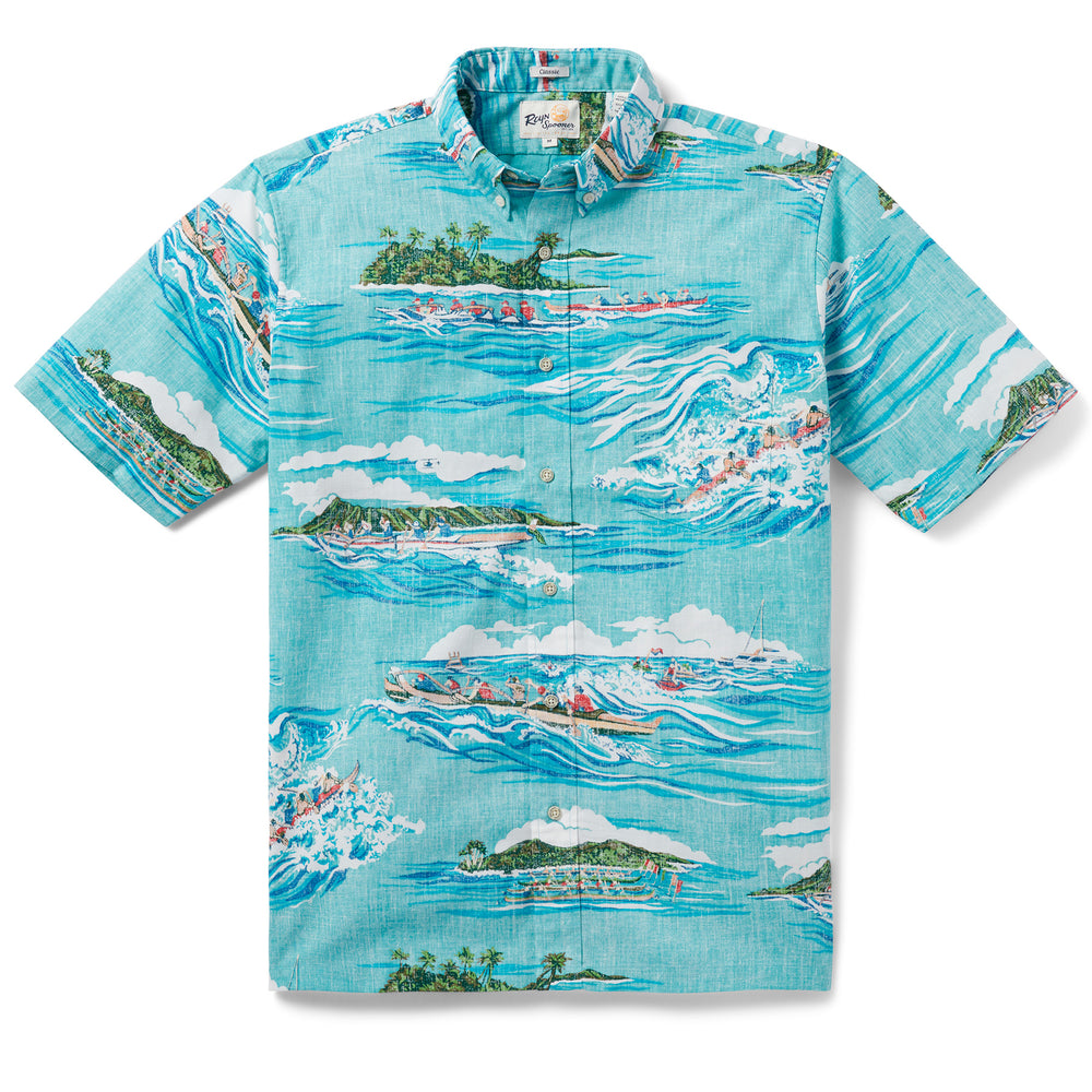 Reyn Spooner HEIHEI WA'A BUTTON FRONT in TURQ SEA