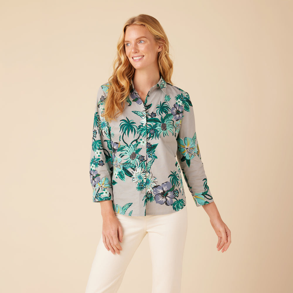 Reyn Spooner HANA IN PARADISE 3/4 SLEEVE BUTTON FRONT in QUARRY