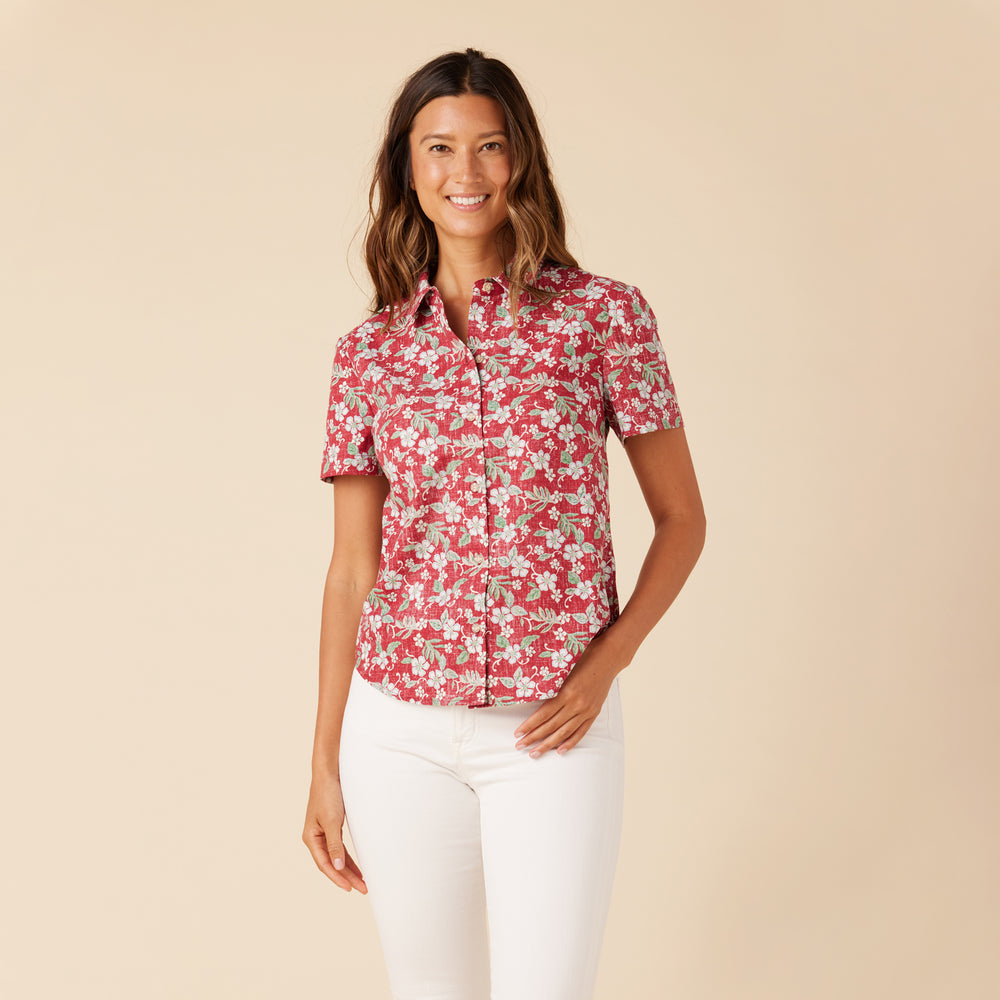 Reyn Spooner SWEET PLUMERIA SHORT SLEEVE BUTTON FRONT TAILORED in DEEP RED
