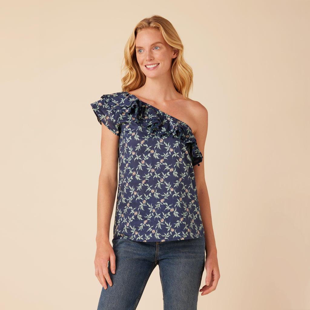 Reyn Spooner DIAMOND LILY RUFFLED ONE-SHOULDER TOP in DRESS BLUES