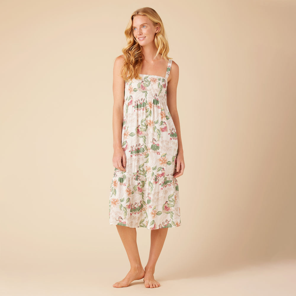 Reyn Spooner HULA SHOW SMOCKED MIDI DRESS in WHITE
